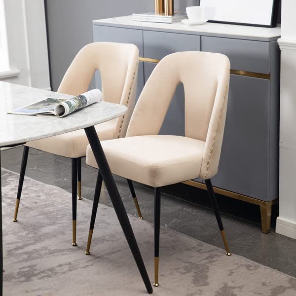 Polibi Set of 2 Modern Velvet Upholstered Dining Chairs with Nailhead Trim & Gold-Tipped Black Metal Legs - Elegant Accent Chairs for Dining Room, Living Room, Bedroom, Home Office (Beige) - Perfect for Entertaining, Relaxing & Stylish Home Decor