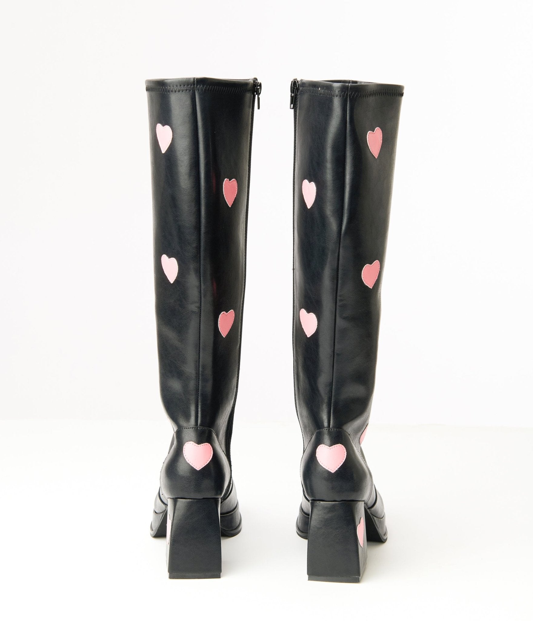 Vintage Black & Pink Hearts Leatherette Knee High Boots for Women - Retro Fashion, Gothic Style, Valentine's Day Outfits, Cosplay & Party Wear