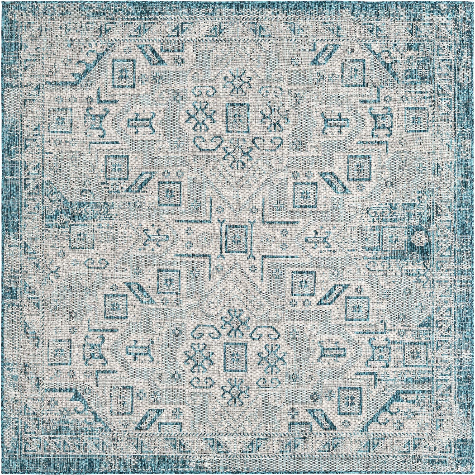 Premium 8x8 Ft Teal Aztec Flatweave Outdoor Rug - Waterproof & Durable for Patio, Deck, or Garden - Boho Chic Design Perfect for Living Room, Kitchen & Entryway Decor