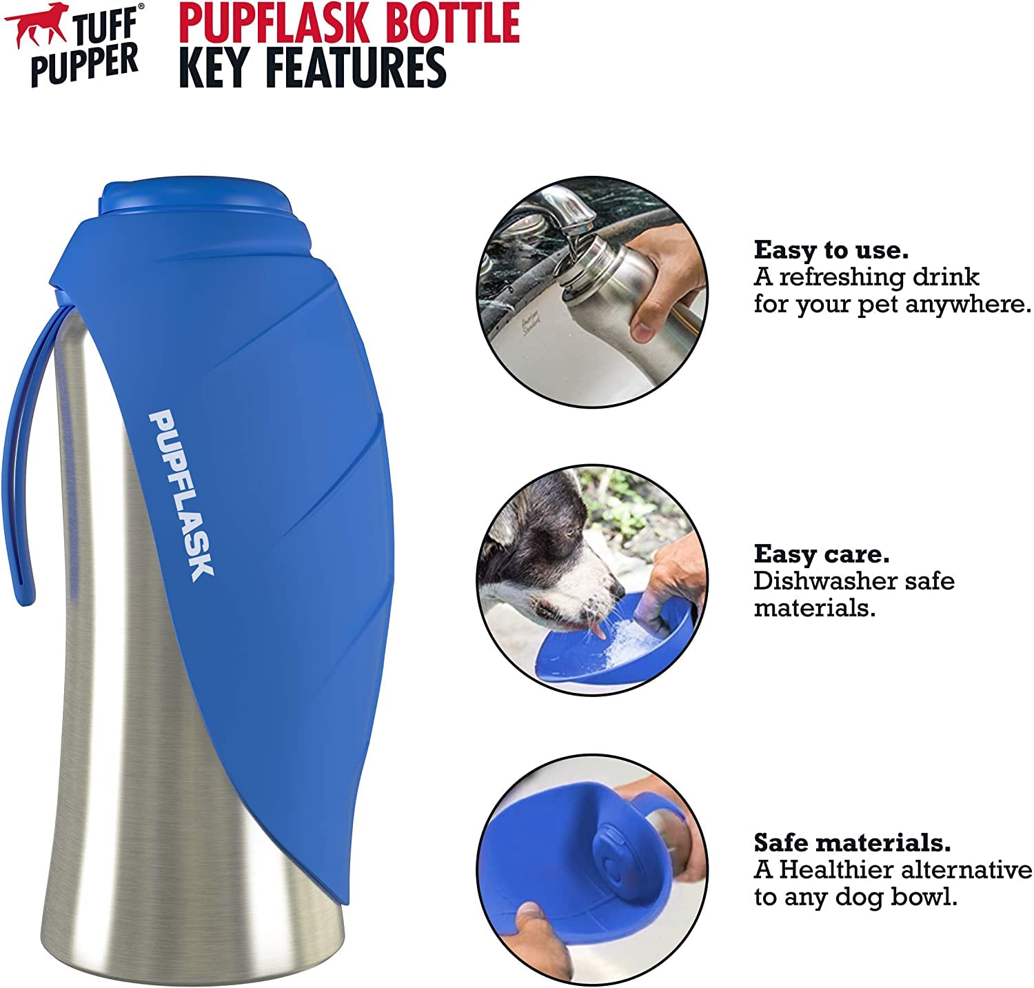 Tuff Pupper Dog Water Bottle Holder with PupFlask - 27oz Portable Pet Water Bottle for Hiking, Walking & Outdoor Adventures - Blue