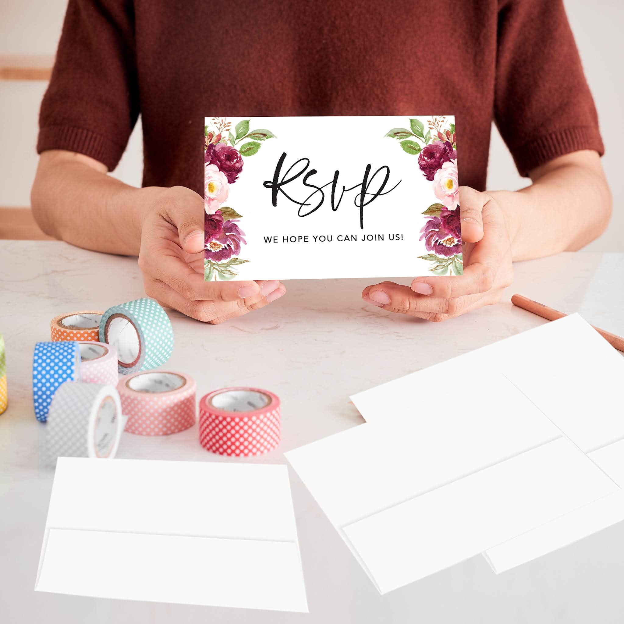 Personalized RSVP Postcards 56-Pack - Wedding, Bridal Shower & Baby Shower Invitations with Custom Date & Return Address - Elegant Pink & Burgundy Roses Design on Premium Cardstock (4