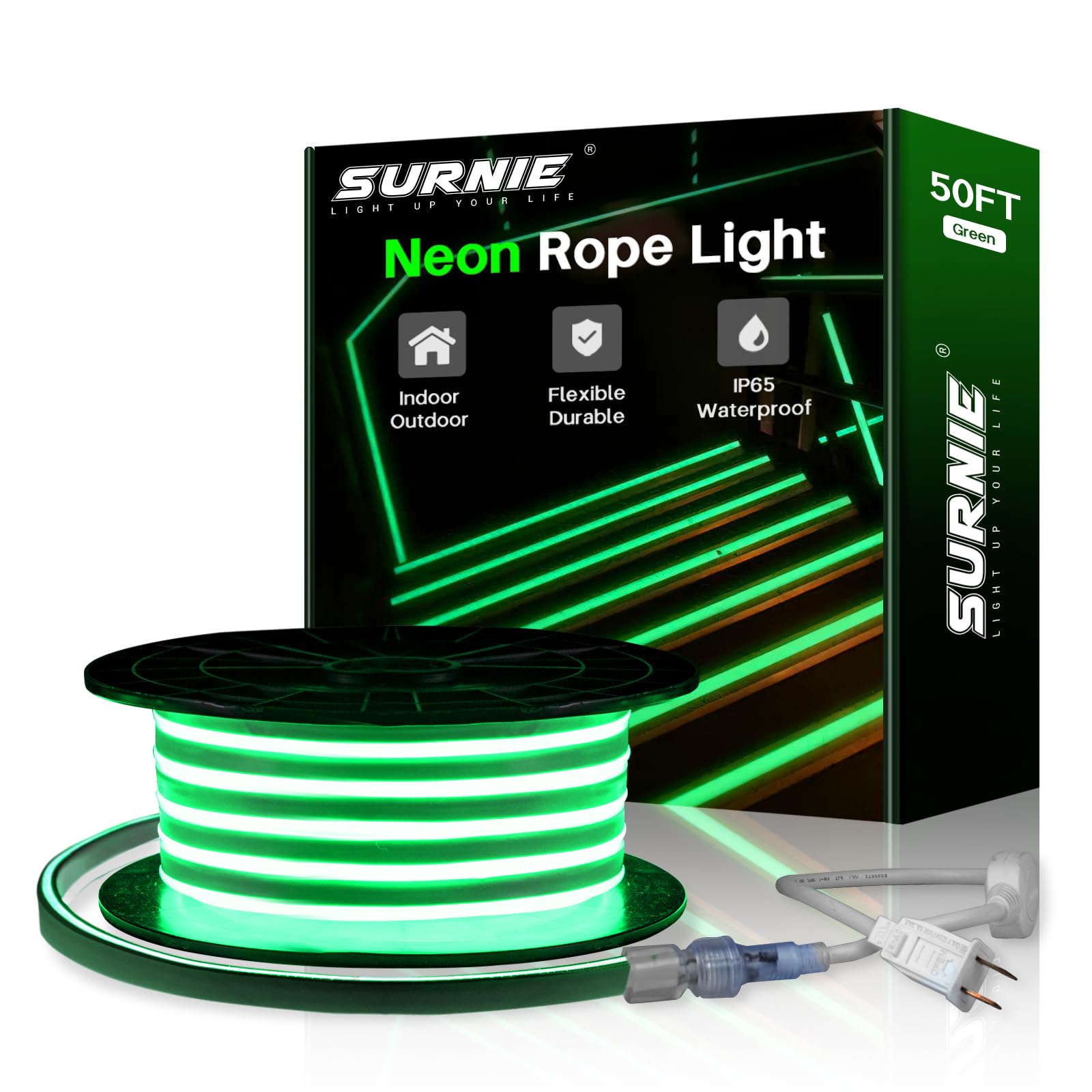 SURNIE 50ft LED Neon Strip Lights - Waterproof, Flexible, Cuttable & Connectable Rope Lights for Outdoor & Indoor Use (110V, Green) - Perfect for DIY Home Decor, Bars, Hotels, and Commercial Buildings - Create Stunning Neon Signs & Ambient Lighting