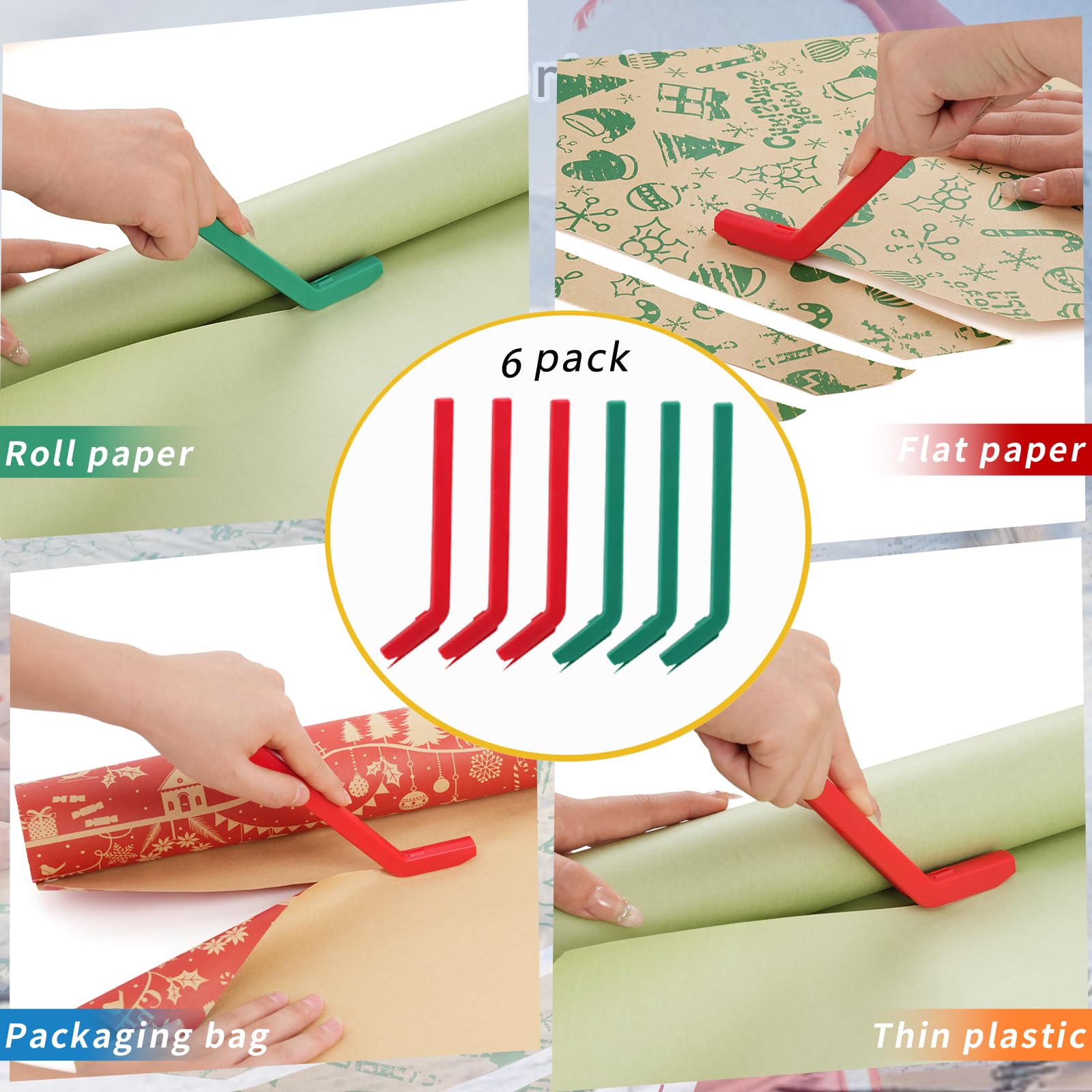 6Pcs Handheld Wrapping Paper Cutter Set - Precision Gift Wrap Cutting Tool with Blades for Christmas, Crafts & DIY Projects | Perfect for Holiday Gifts, Scrapbooking & Paper Crafts (Green & Red)