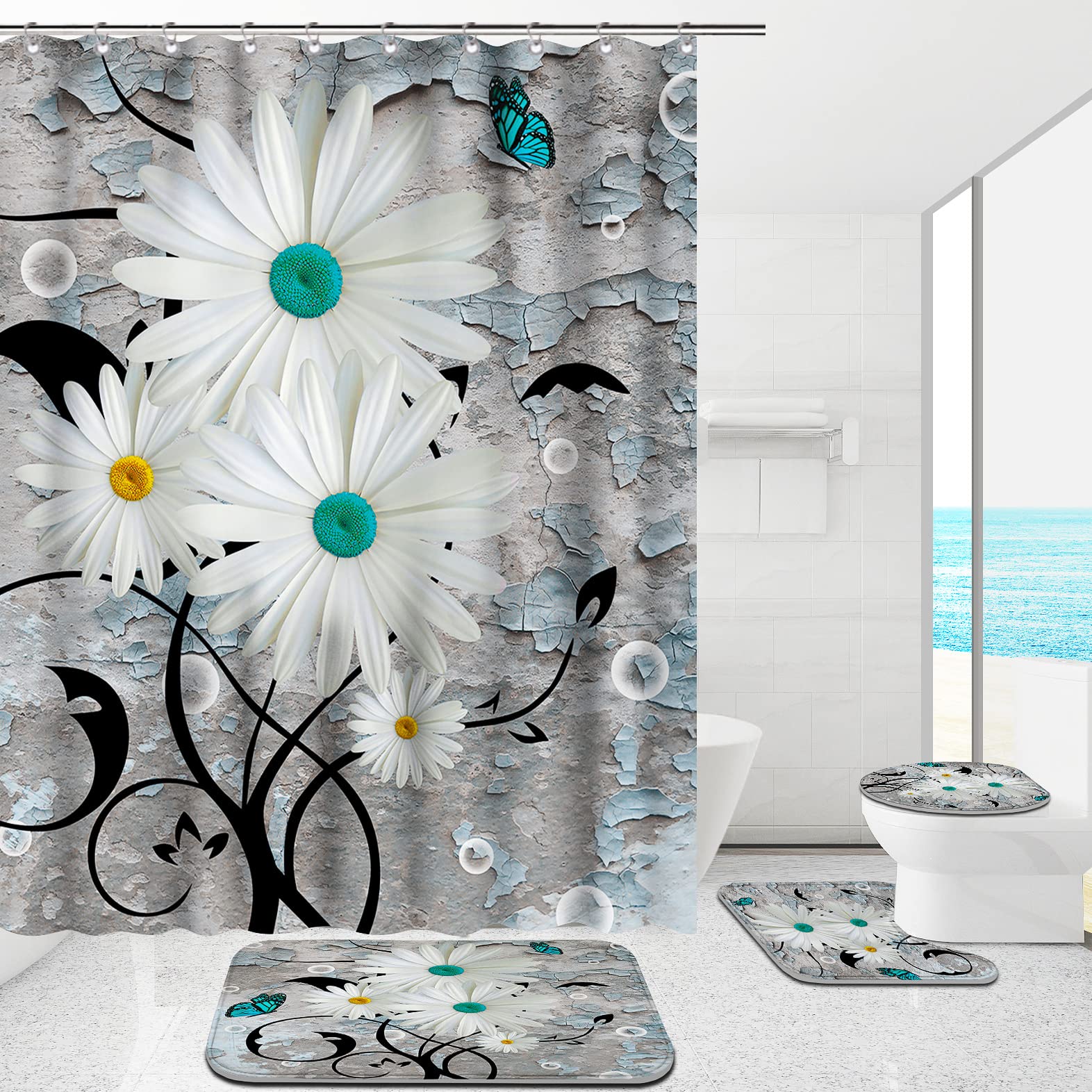 Premium 4-Piece Shower Curtain Set with Non-Slip Rugs - Bathroom Decor for Home & Hotel Use