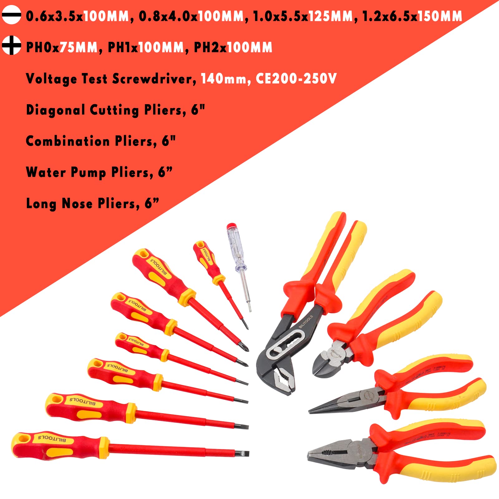 BILITOOLS 10-Piece Insulated Screwdriver & Pliers Set - 1000V VDE Certified Electrical Tools with Magnetic Tips (Phillips/Slotted/Pozidriv) - Professional Electrician Tool Kit for Home Repair & Industrial Maintenance