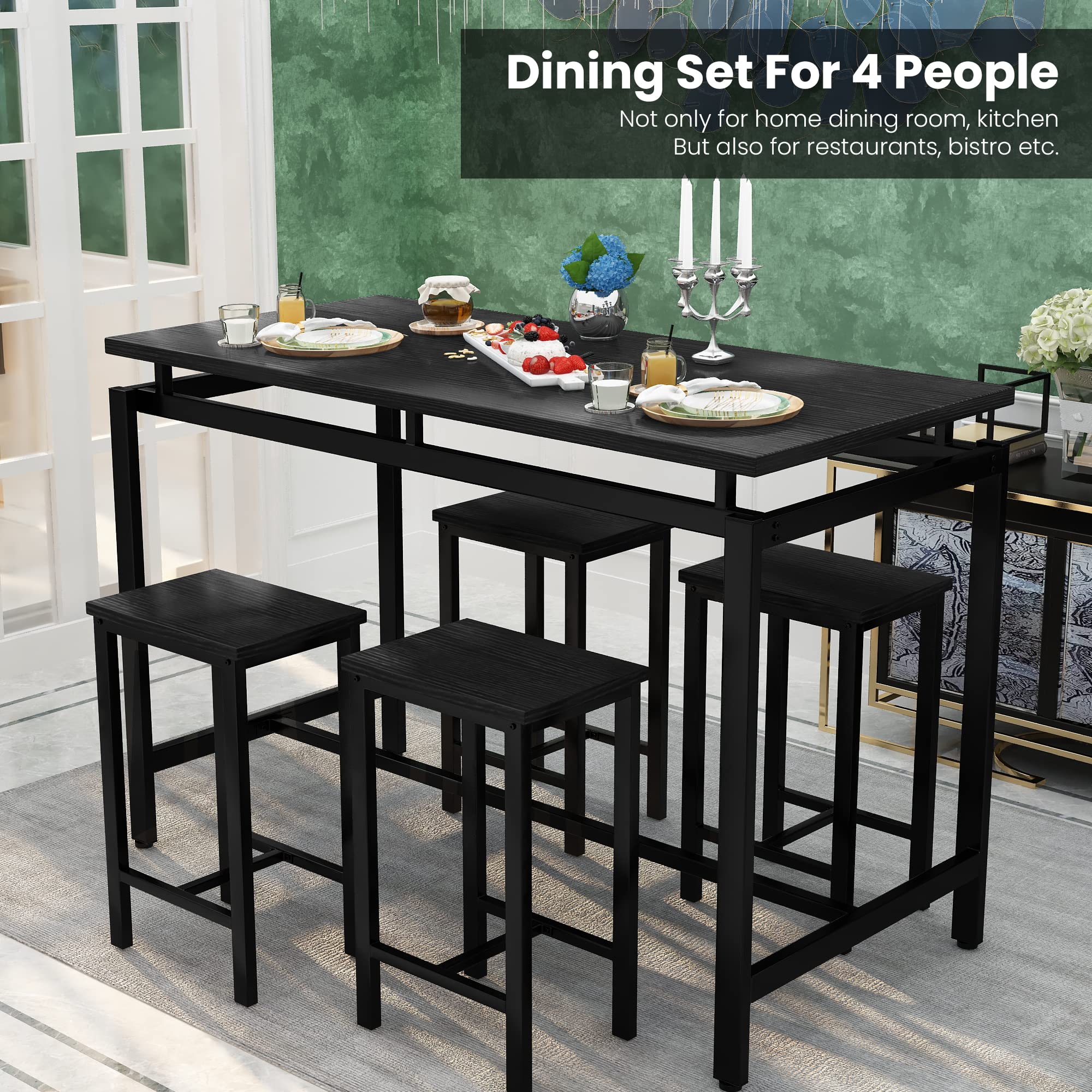 Modern 5-Piece Dining Table Set for 4 with Wooden Top & Adjustable Metal Legs - Compact Kitchen Table and Chairs for Small Spaces - Perfect for Apartments, Breakfast Nooks & Cozy Dining Areas