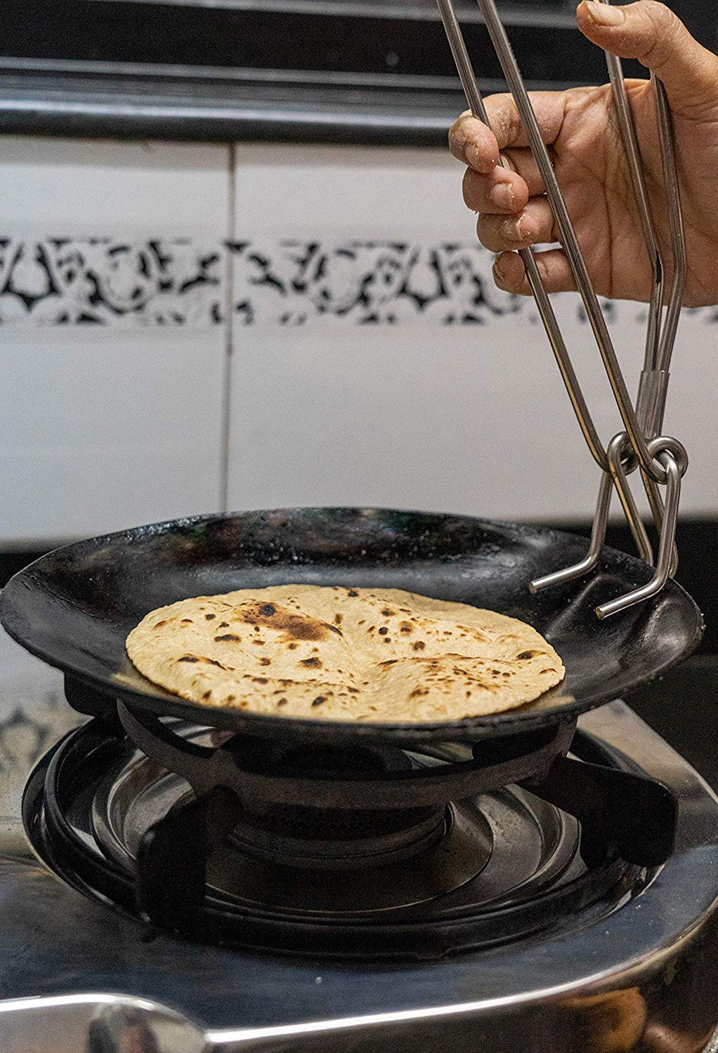 ATEVON Stainless Steel Chapati Roti Tongs with Pakkad Utensil Holder - Perfect for Indian Cooking, Roti Making, and Kitchen Organization | Durable & Heat-Resistant Cooking Tool for Home Chefs