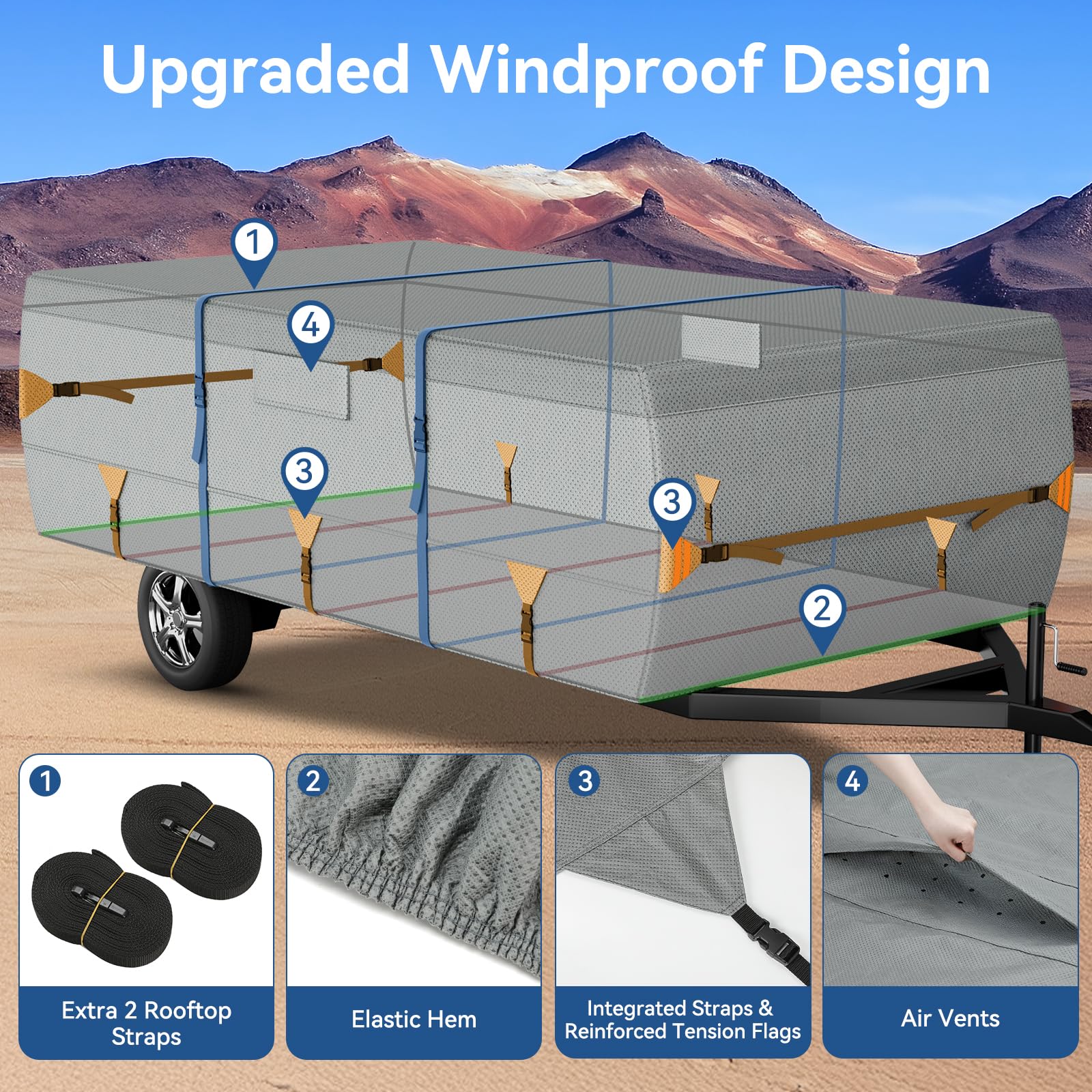 Tuszom 7-Layer Waterproof Pop Up Camper Cover - Heavy Duty RV Trailer Cover for Winter Snow Protection | Windproof with 5+2 Reinforced Straps | 10'-12' Folding Camping Cover (7-Layer Non-Woven Fabric) | Perfect for Outdoor Storage & Seasonal Vehicle Protection