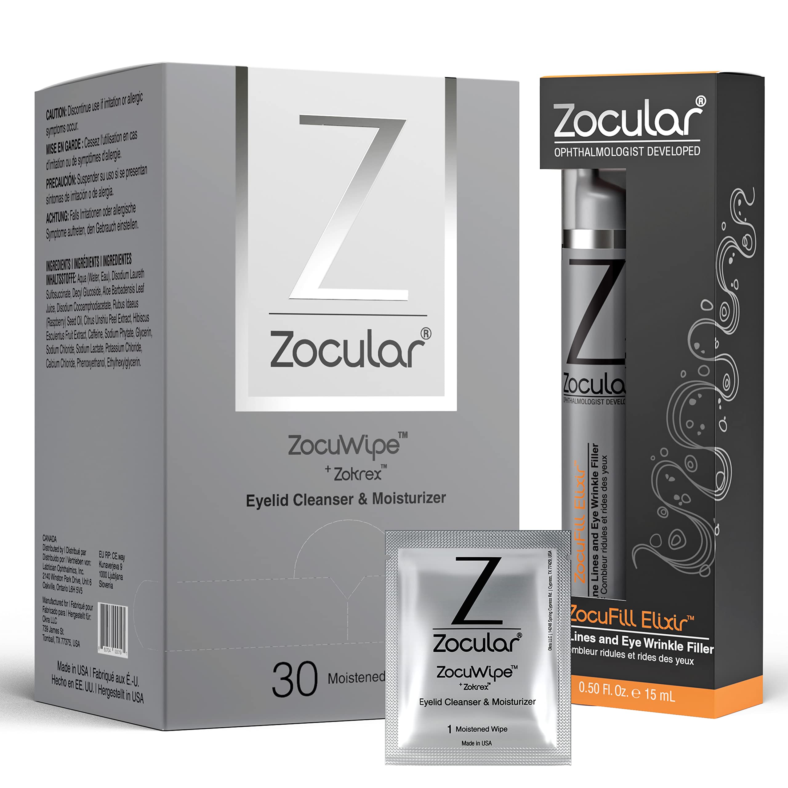 Zocuwipe Eyelid Wipes with Okra Complex - Gentle Eyelid Cleanser & Moisturizing Pads (30 Count) + Zocufill Elixir Eye Gel & Face Serum for Dry Eyes, Blepharitis & Skin Hydration - Perfect for Daily Eye Care & Travel