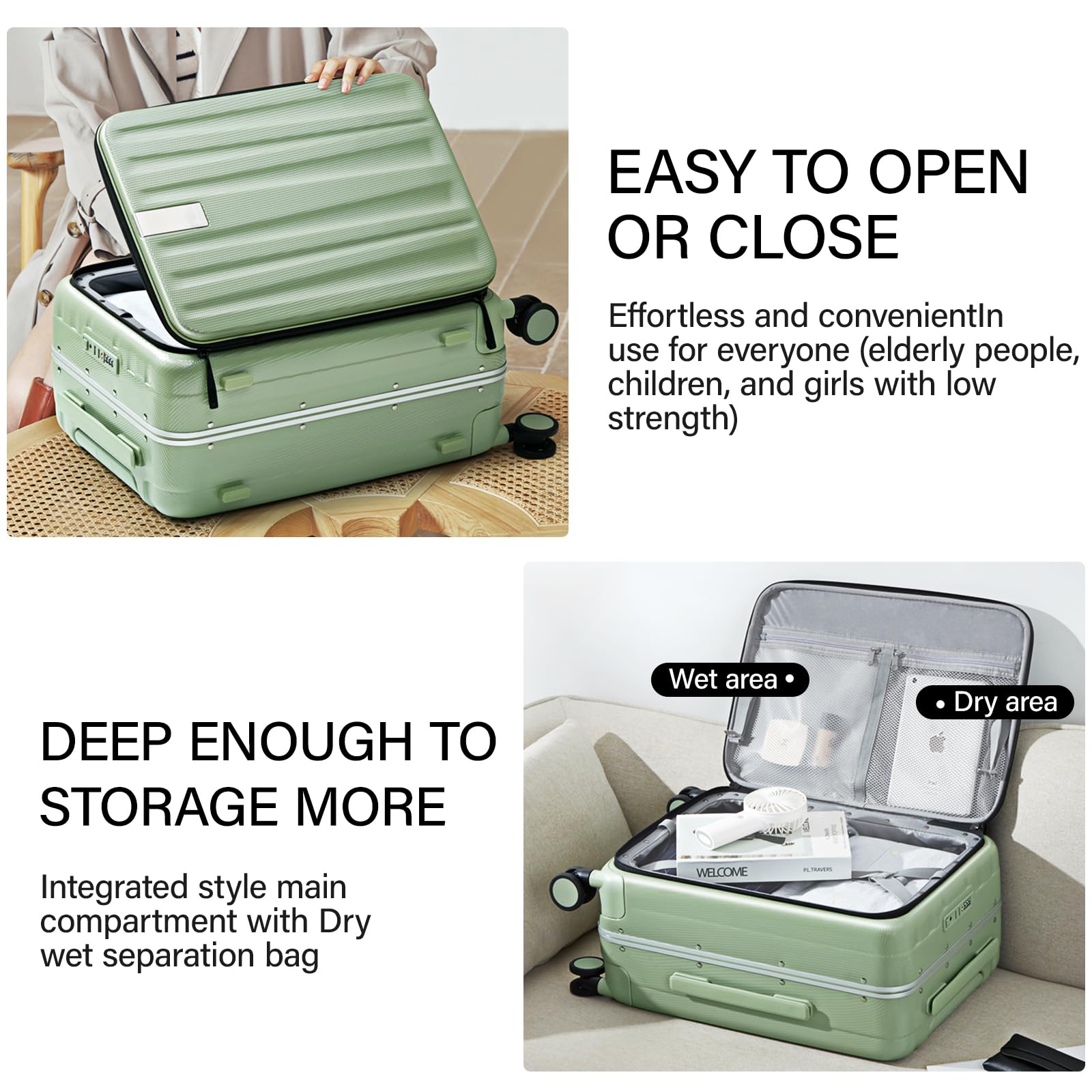 Hanke 20 Inch Carry-On Luggage with Wheels | PC Hard Shell Suitcase with Aluminum Frame | Top Opening Design | Lightweight Travel Luggage for Men & Women (Bamboo Green) | Perfect for Business Trips, Weekend Getaways & Air Travel