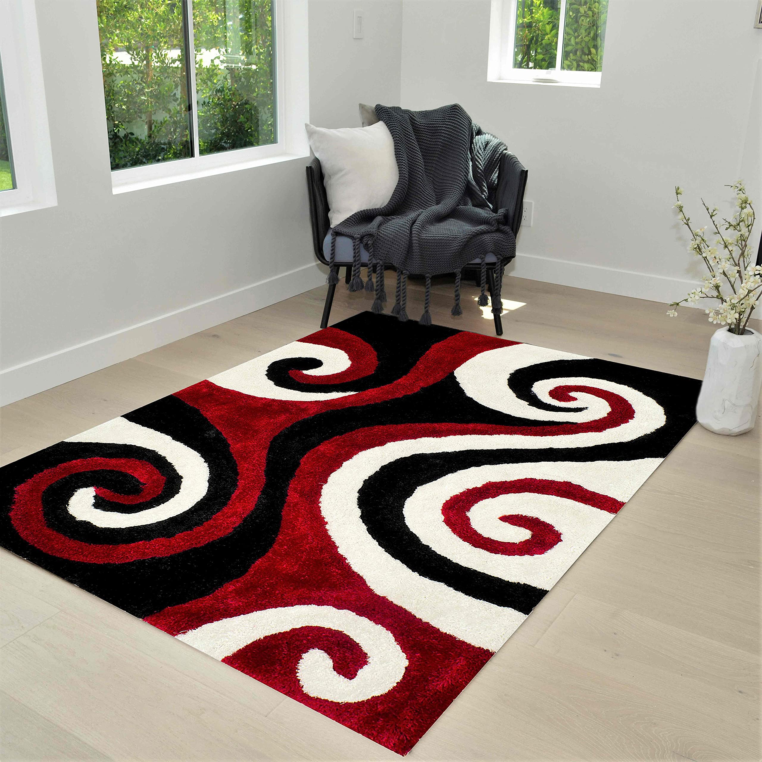 5x7 Lava Shag Rug - Modern Swirls Pattern Hand Carved Shaggy Rug in Red/Black/Cream - Soft Plush Living Room Carpet for Home Decor | Perfect for Bedroom, Nursery & Cozy Spaces
