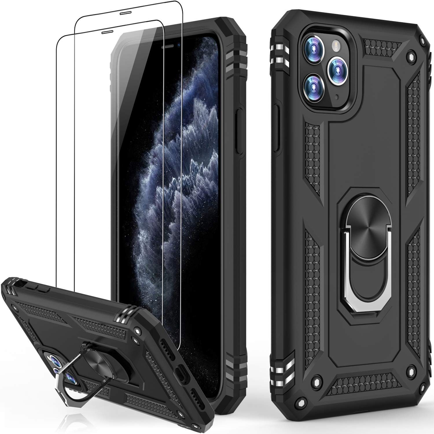 Premium iPhone 11 Pro Max Case with Tempered Glass Screen Protector - Military Grade 16ft Drop Protection, Magnetic Ring Kickstand | Shockproof Protective Cover for iPhone 11 Pro Max 6.5