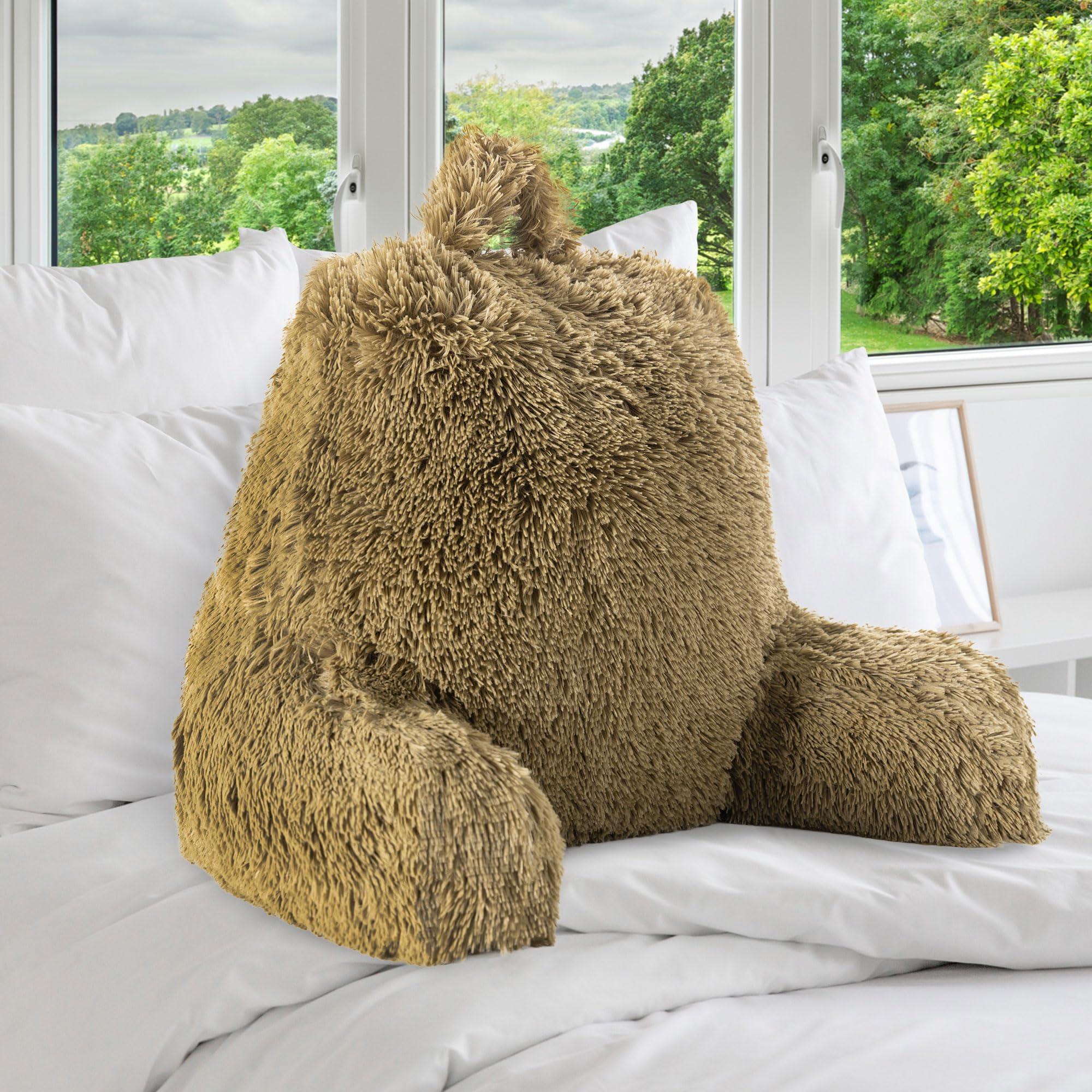 Fluffy Shaggy Hair Reading Pillow Chair with Arms - Soft Comfort for Bed & Couch - Gold Cheer Collection | Perfect for Reading, Relaxing & Lounging at Home