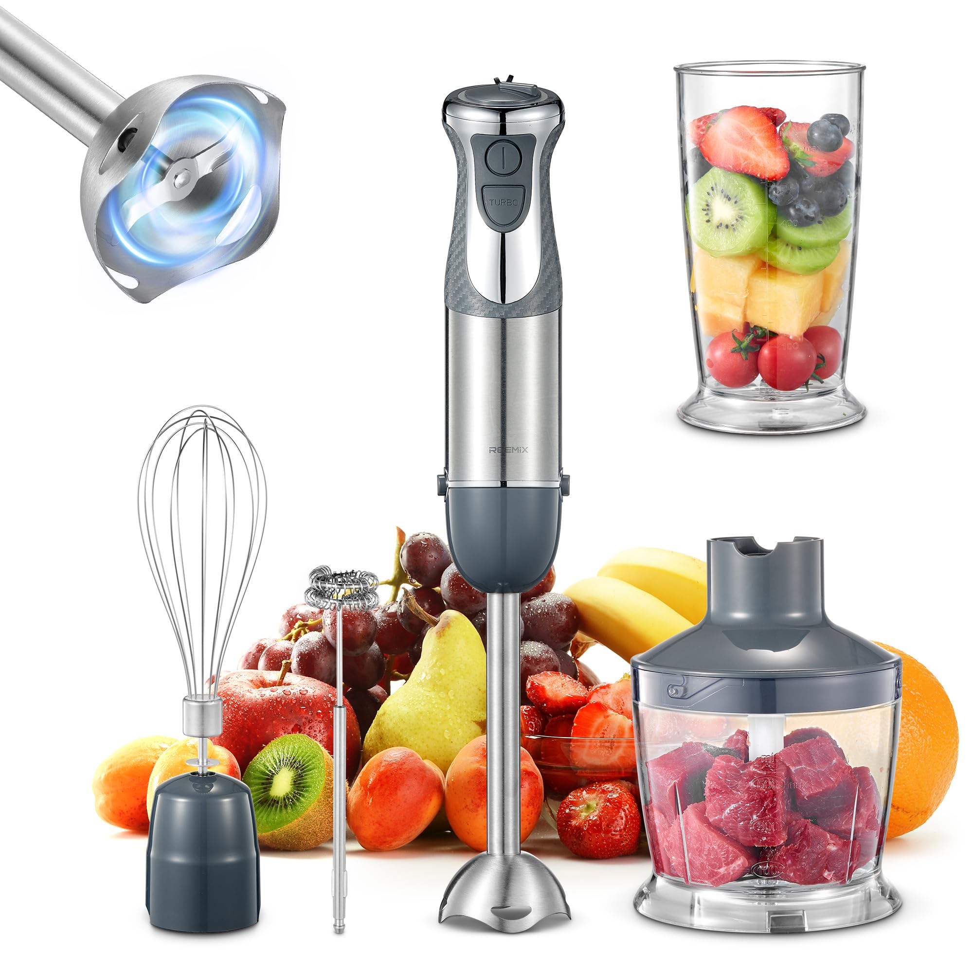 5-in-1 Immersion Hand Blender 1000W - Powerful Stainless Steel Stick Blender with Copper Motor, Mixing Beaker, Whisk & Milk Frother - Perfect for Smoothies, Baby Food Puree, Soups & Kitchen Prep (Gray)