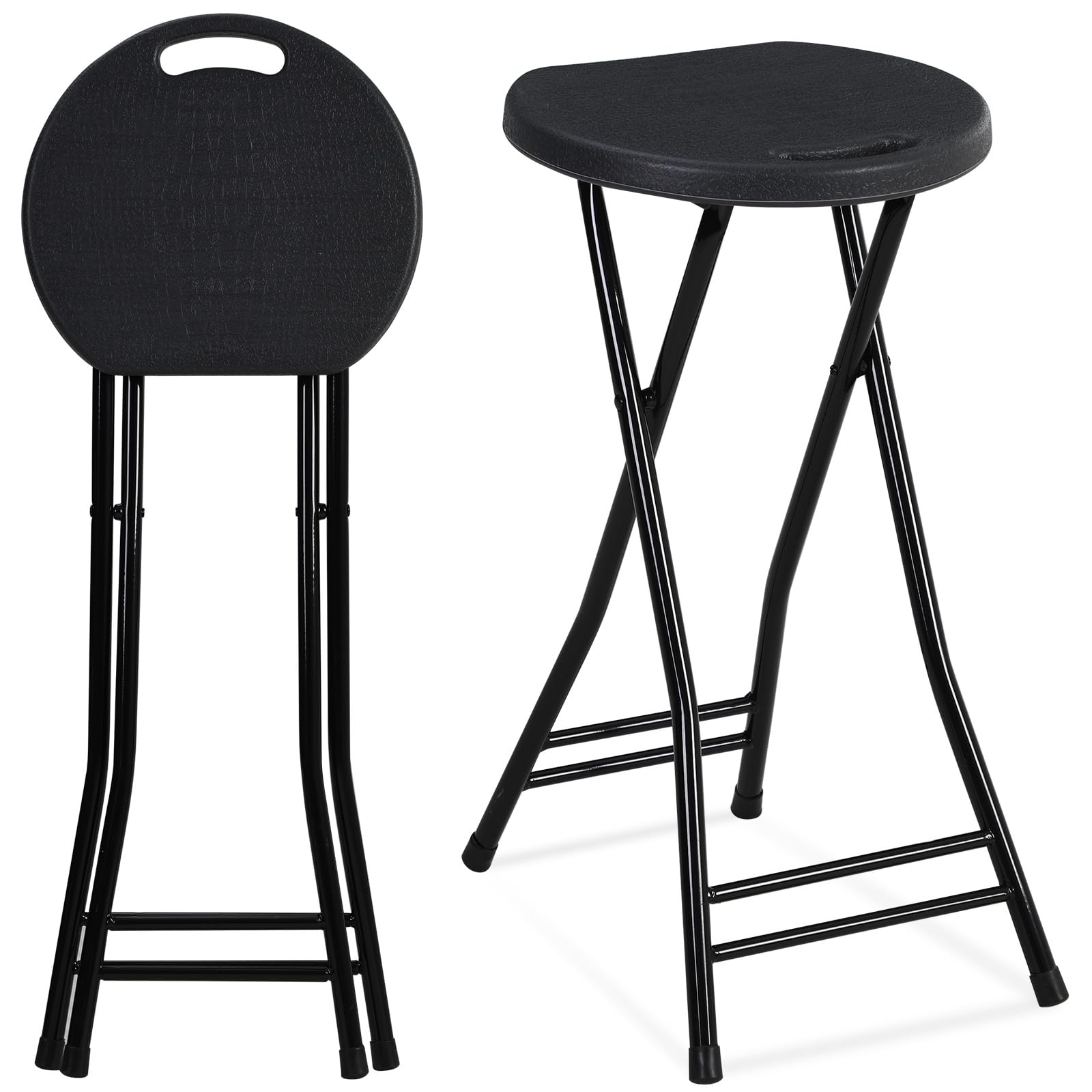 Suzile 2 Pack 24 Inch Folding Stool - Heavy Duty 300lbs Capacity Portable Plastic Bar Stool with Handle for Kitchen, Counter, Camping, Indoor & Outdoor Use (Black)