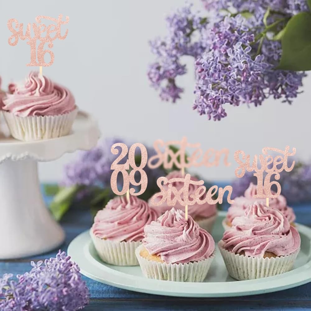24 Pcs Sweet 16 Rose Gold Glitter Cupcake Toppers - 16th Birthday Party Decorations for Girls, Teens | Perfect for Birthday Cakes, Desserts, Celebrations & Sweet 16 Party Themes