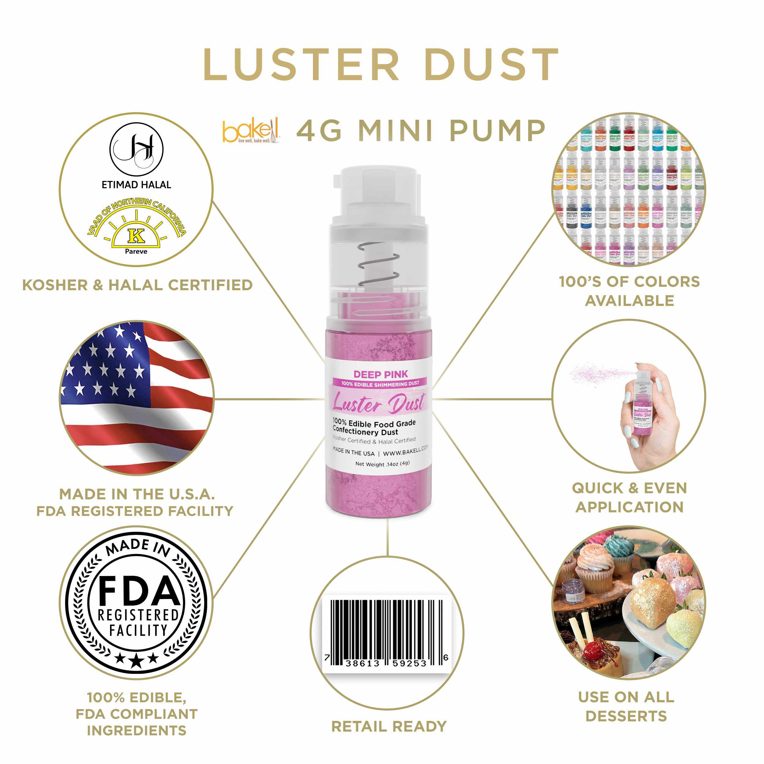 Deep Pink Luster Dust Glitter - 4g Spray Pump (Case of 12) | Edible Cake Decorating Powder for Baking, Cupcakes, Cookies & DIY Crafts