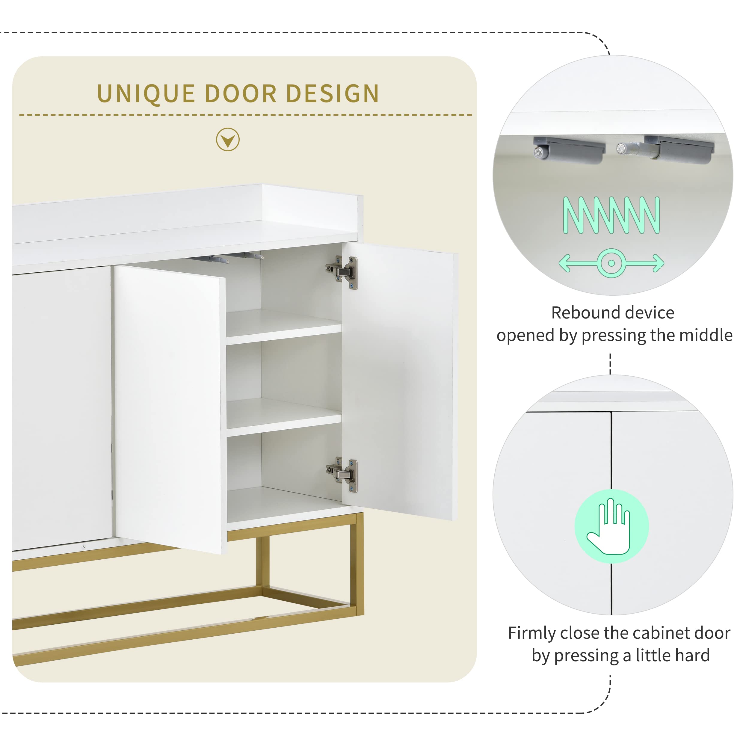 Modern White Sideboard Console Table with Metal Legs & Adjustable Shelf, Elegant Buffet Cabinet for Dining Room, Living Room, Entryway Storage Solution