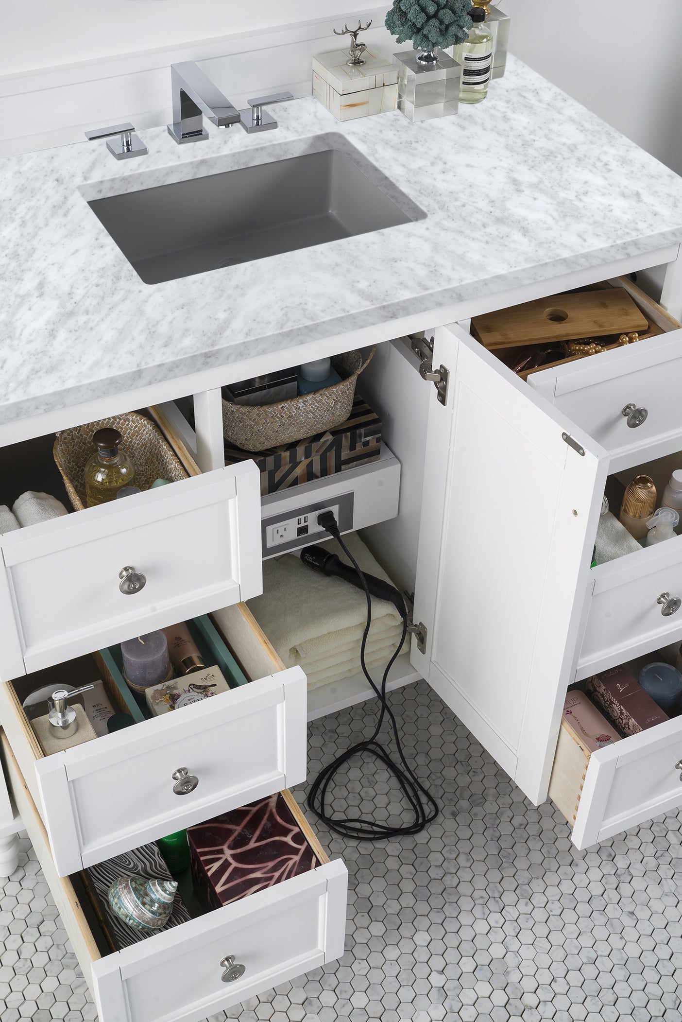 Copper Cove Encore 48 Inch Single Bathroom Vanity with 3CM Carrara Marble Top in Bright White - Perfect for Modern Master Bathrooms and Powder Rooms