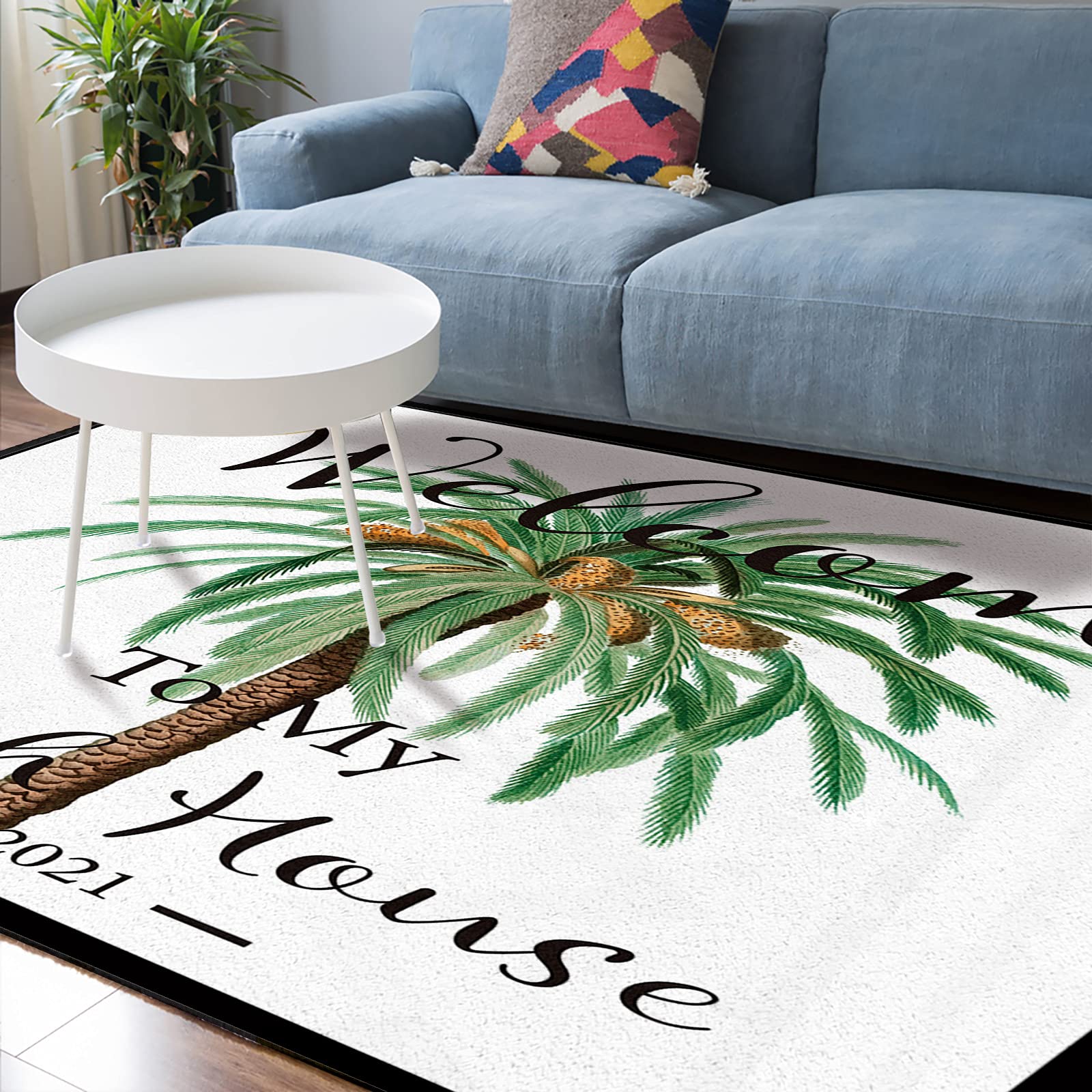 5' x 8' Modern Tropical Palm Leaf Area Rug - Soft Indoor/Outdoor Throw Carpet for Living Room, Bedroom, Nursery - Non-Slip Floor Covering for Kids Room, Summer Decor, Beach House Style