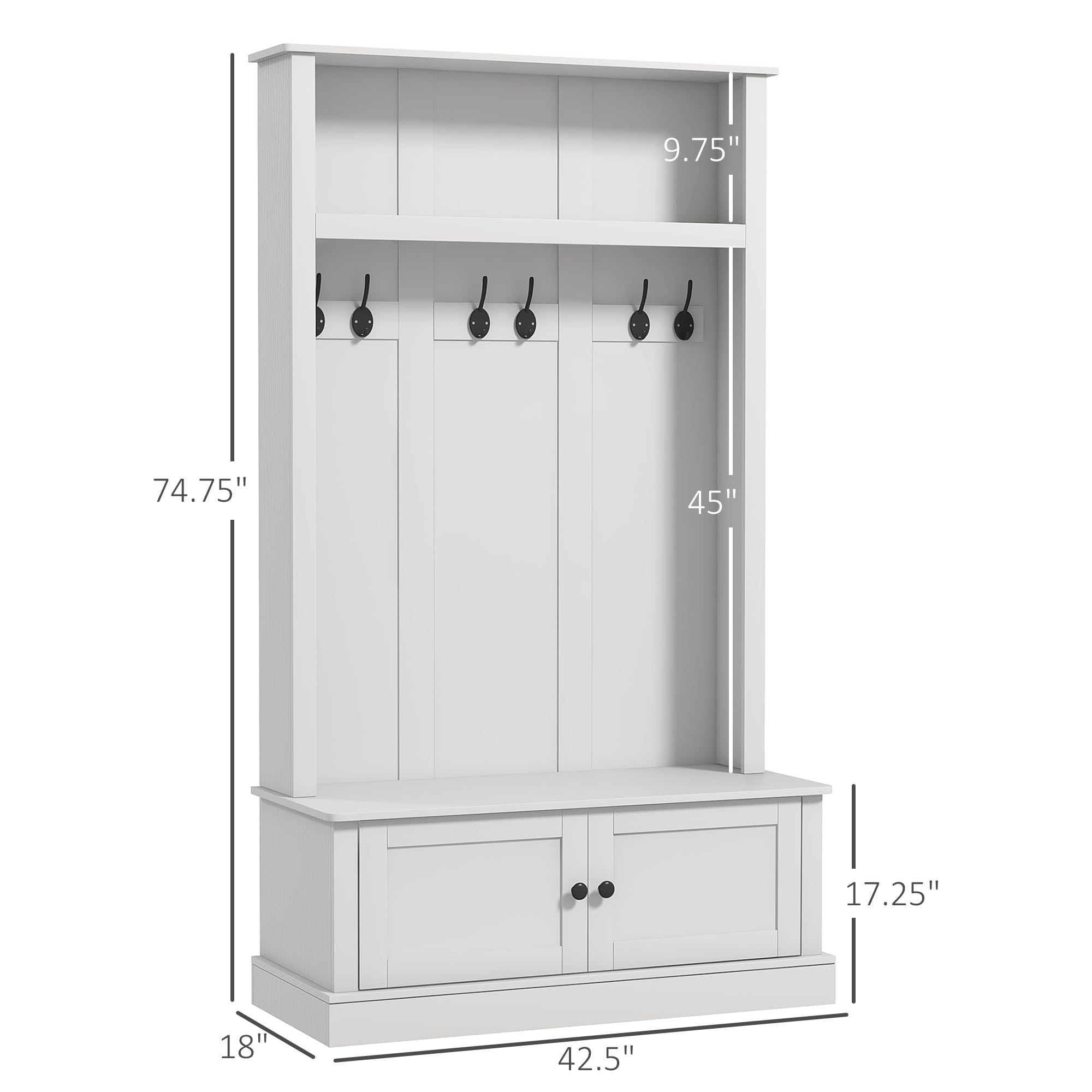 HOMCOM 42 Inch 3-in-1 Entryway Hall Tree with Storage Bench, Coat Rack with 6 Hooks, Shoe Organizer and Top Shelf - White | Perfect for Mudroom, Foyer & Entryway Organization