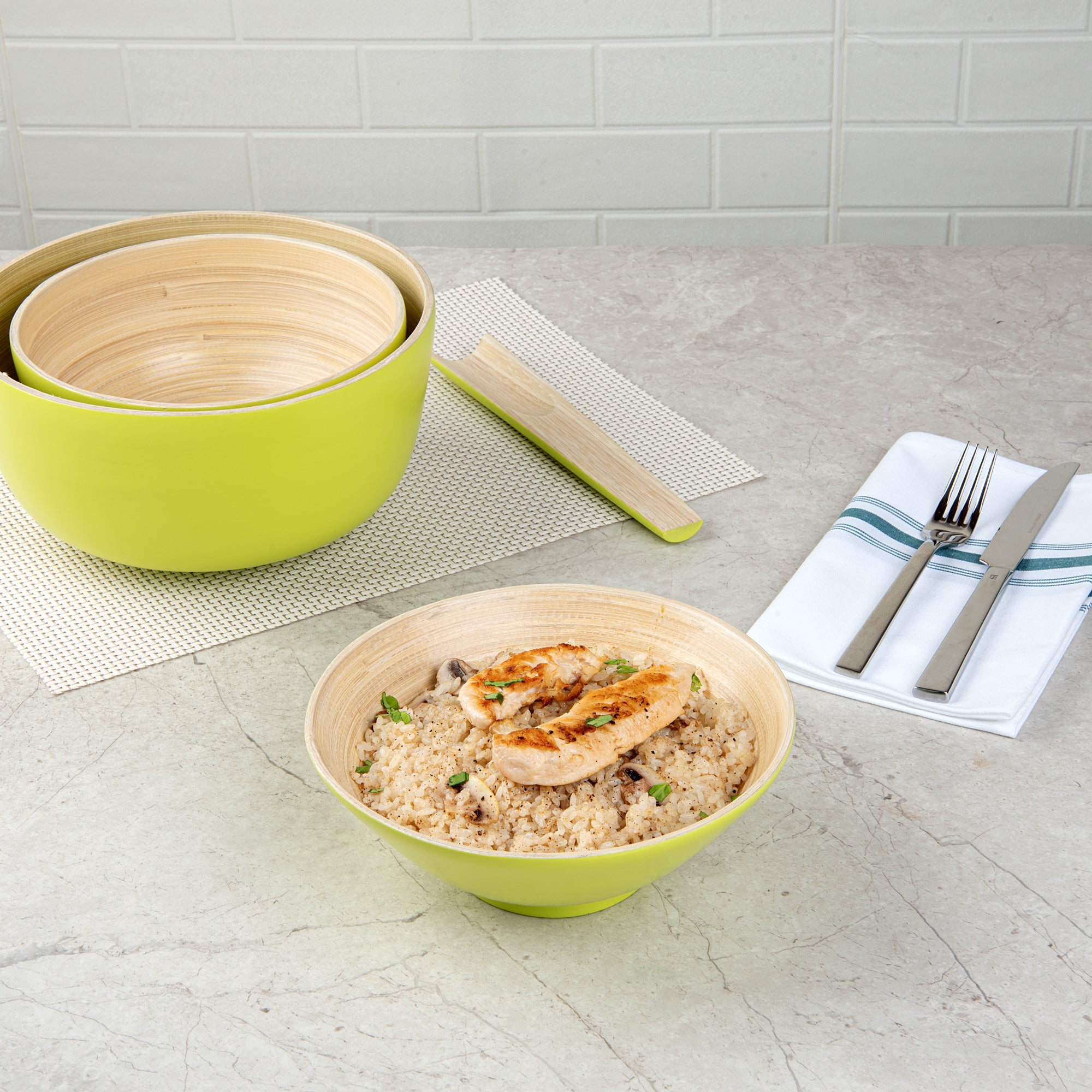 Bambuddha 29 oz Eco-Friendly Round Green Spun Bamboo Serving Bowl - 8.25