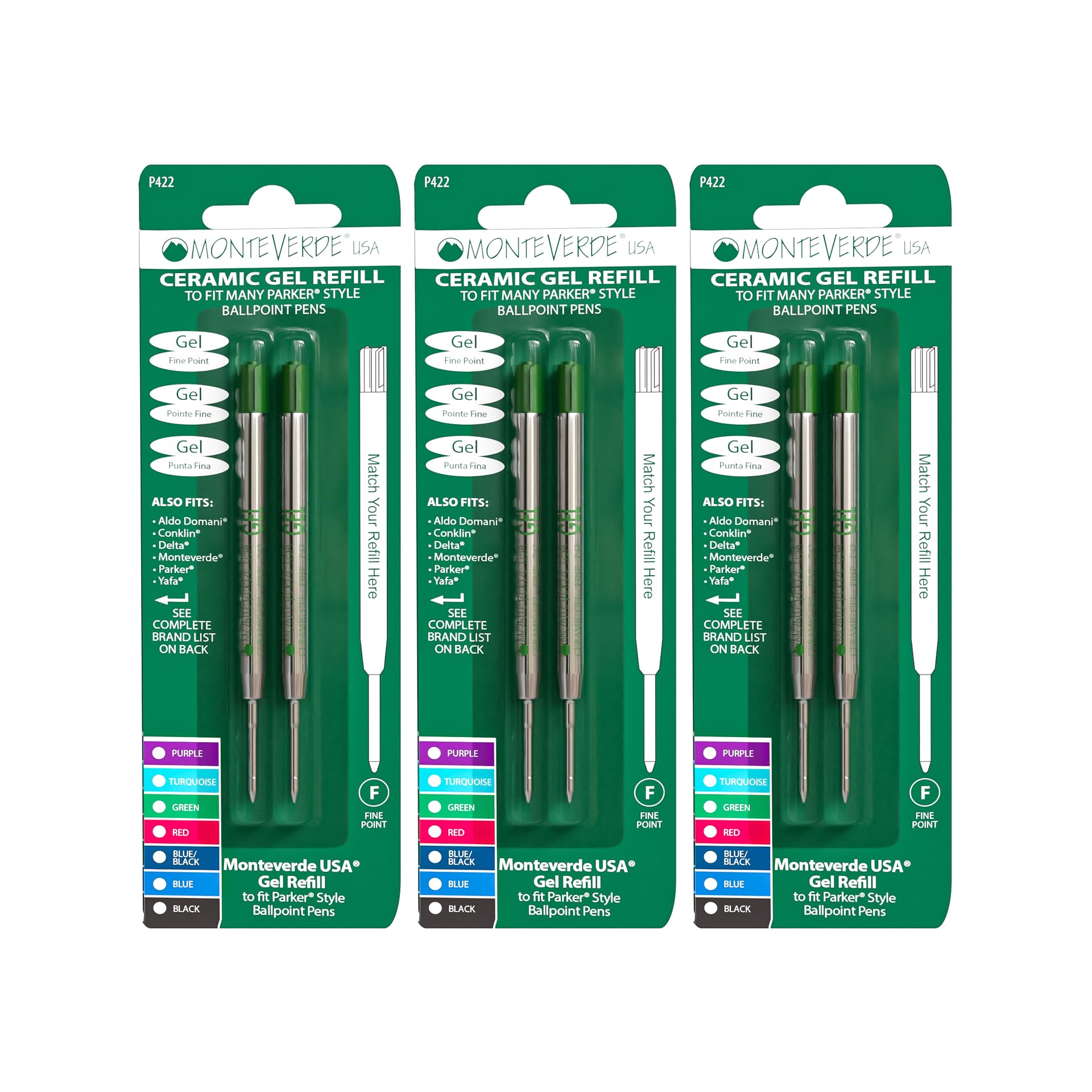 Monteverde Capless Ceramic Gel Pen Refill for Parker Ballpoint Pens - Fine Point Green Ink (P423GN) | Smooth Writing for Office, School & Everyday Use