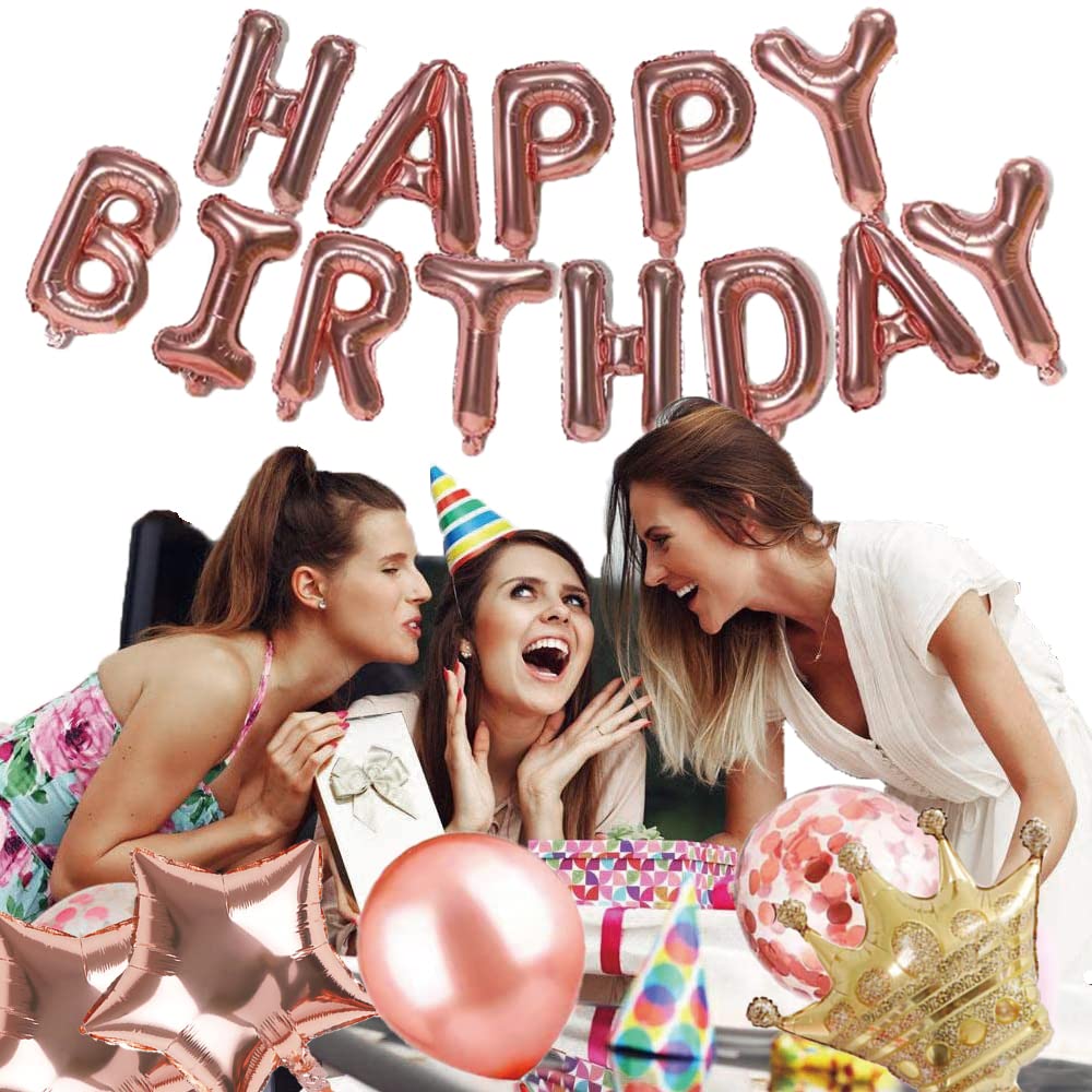 25-Piece Rose Gold Happy Birthday Party Decorations Set - Prince & Princess Crown, Banner, Star Aluminum Balloons, Confetti & Sequin Latex Balloons for Birthday Parties, Baby Showers & Special Events