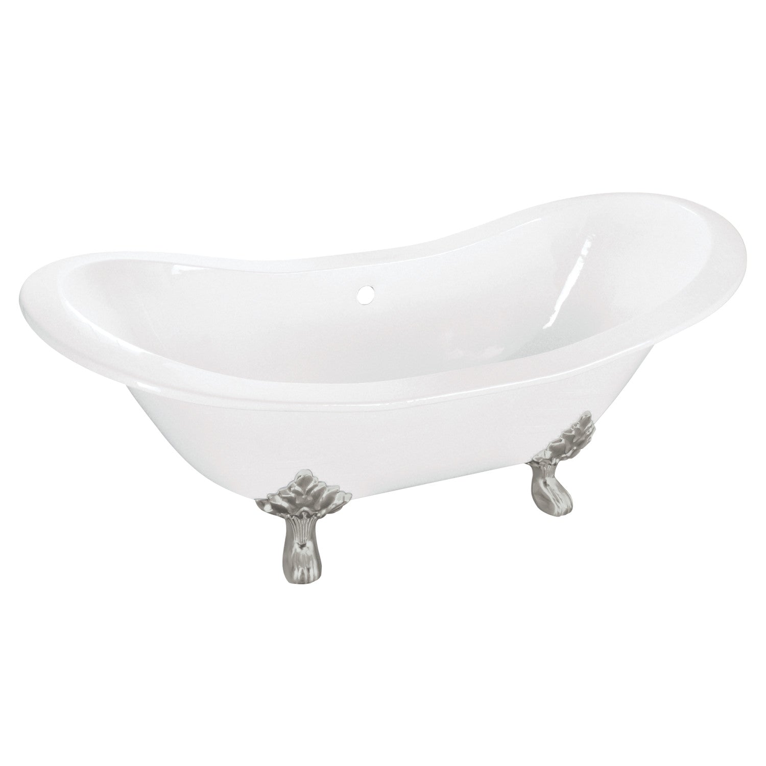 Aqua Eden 61 Inch White Cast Iron Clawfoot Bathtub - Oval Double Slipper Design with Brushed Nickel Feet (No Faucet Holes) | Vintage Bathroom Centerpiece for Luxury Spa Experience