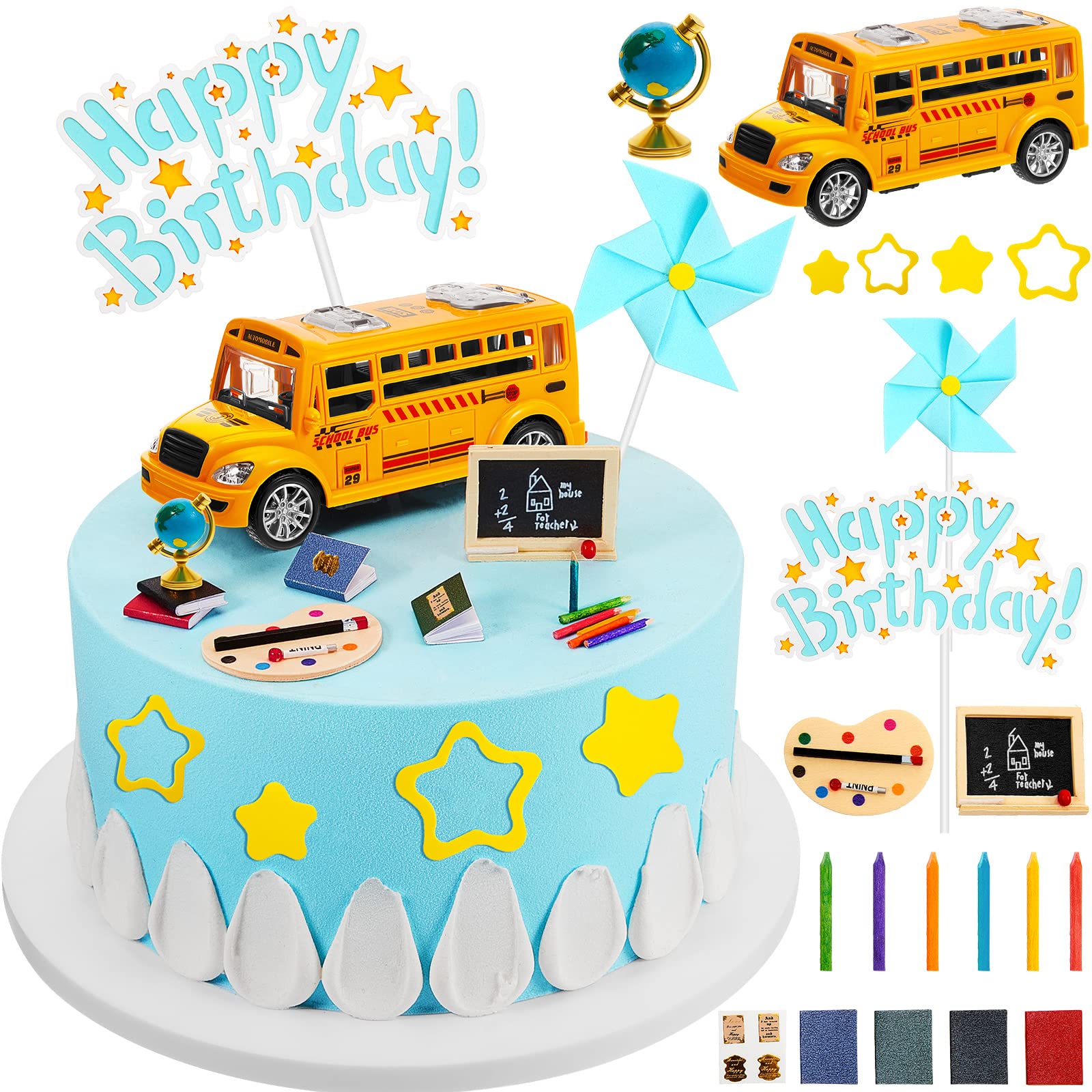 School Bus Cake Topper Set - Back to School Star Pen, Blackboard & Book Decorations - Blue Windmill Cake Toppers for Birthday Party Theme - Perfect for Classroom Celebrations & Kids Birthday Cakes