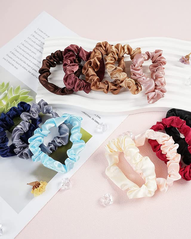 Shidara Silk Hair Scrunchies - 12 Pack Satin Ponytail Holders for Women with Curly, Thick or Thin Hair | Soft Hair Elastics for Everyday Use, Workouts & Special Occasions
