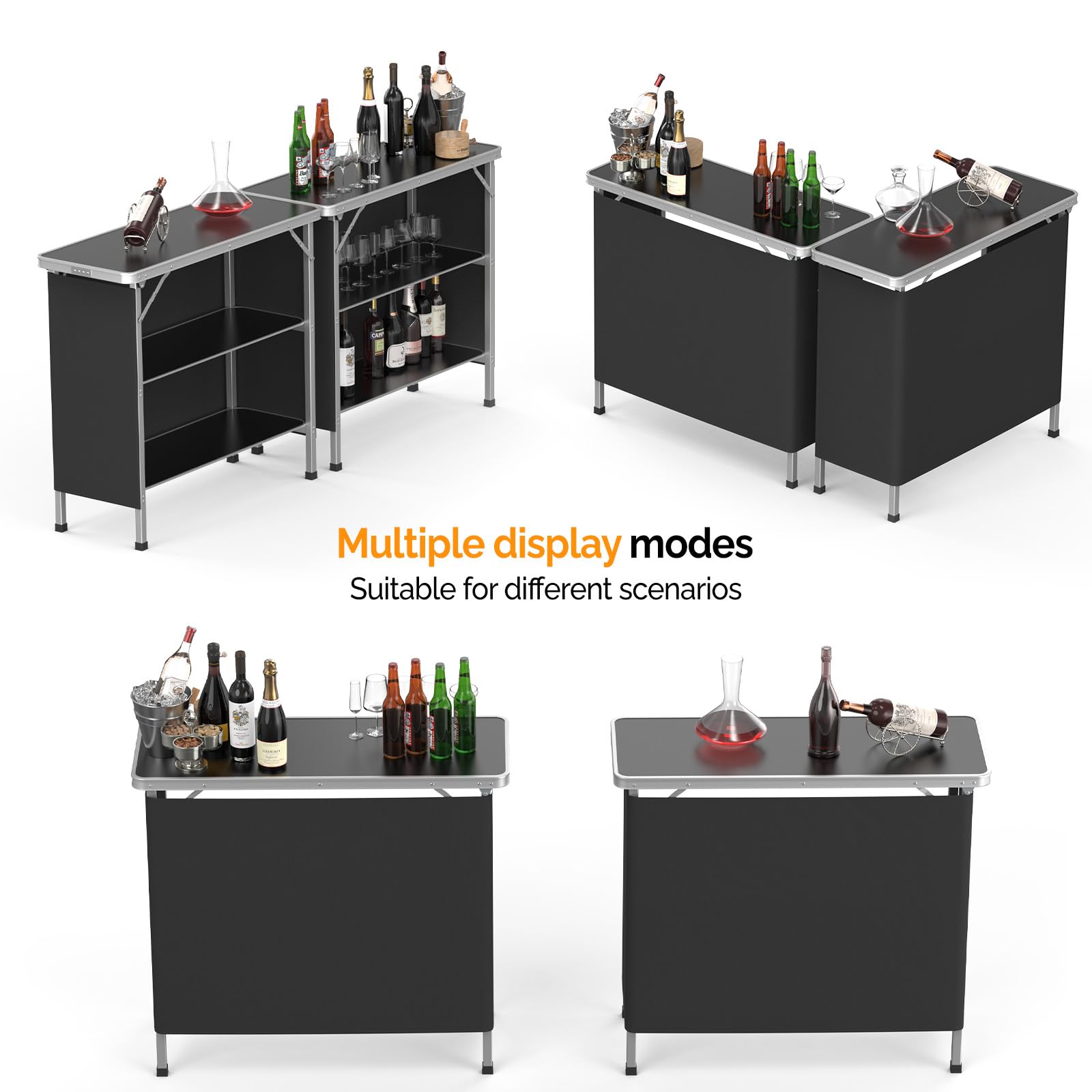 VINGLI 39 Inch Portable Bar Table with 3-Tier Shelves - Mobile Rolling Bar Cart for Parties, Events, Camping, Picnics, Trade Shows & Indoor Use - Includes Black Skirt (1 Pack, 39