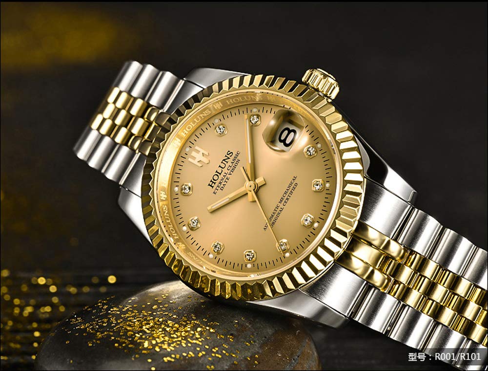 Luxury Men's Automatic Mechanical Watch - 18K Gold Plated Stainless Steel, Self-Winding, Sapphire Crystal Glass, Waterproof Dress Watch for Business & Formal Occasions