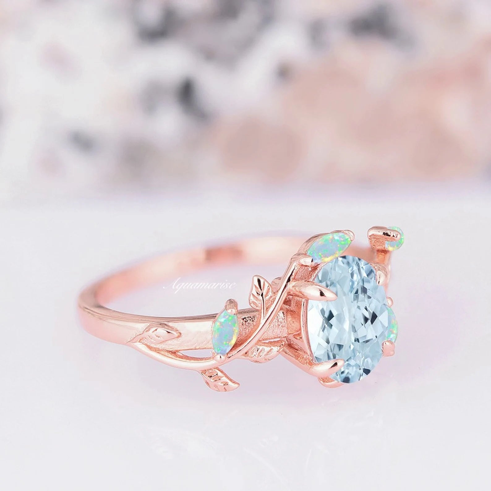 Aquamarine and Fire Opal Leaf Couples Ring - Sterling Silver Matching Wedding Bands for Him & Her - Perfect for Anniversaries, Engagements, and Romantic Gifts