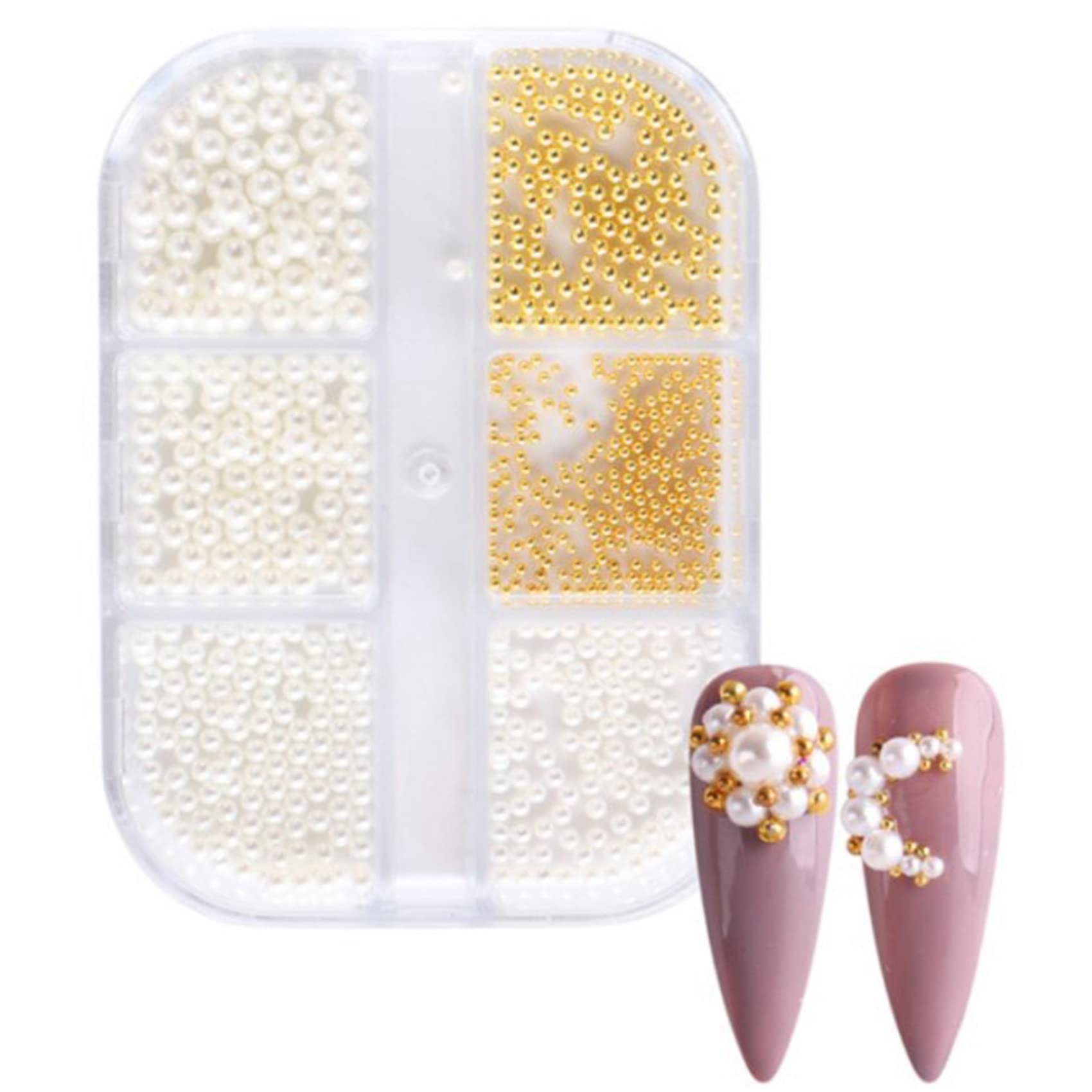 Nawaz 1 Box Pearl Nail Decorations - White Round Nail Charms with Gold Steel Beads for Nail Art, Jewelry Making & DIY Crafts (Color: ZZ01) - Perfect for Manicures, Pedicures, and Handmade Jewelry Designs