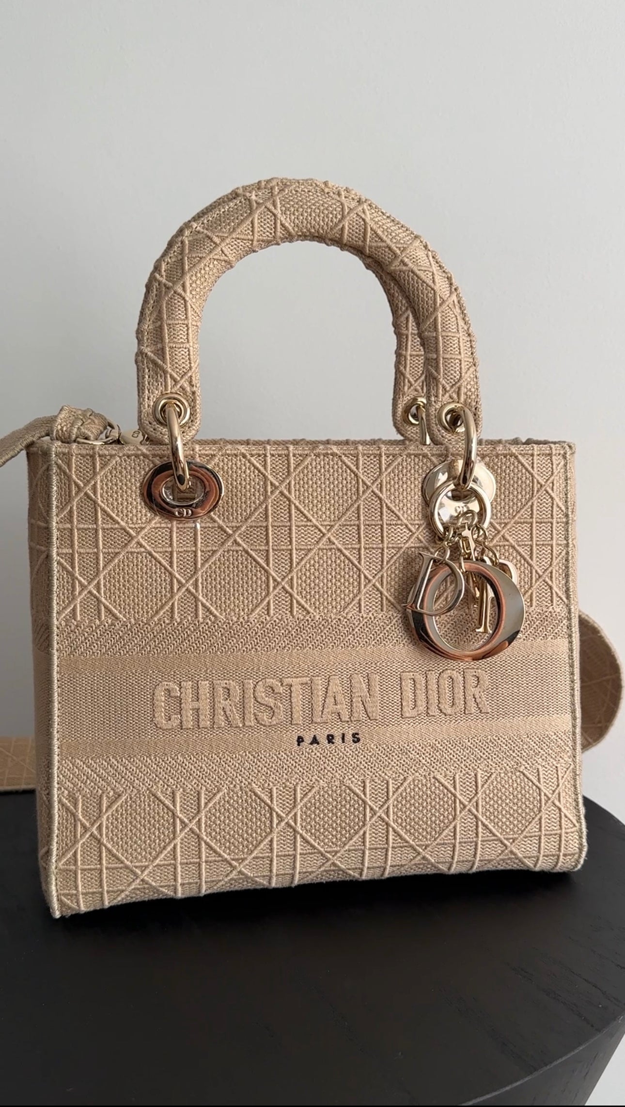 Christian Dior Lady D Lite Medium Beige Canvas Embroidered Shoulder Bag - Luxury Designer Handbag for Women, Perfect for Work, Travel & Special Occasions