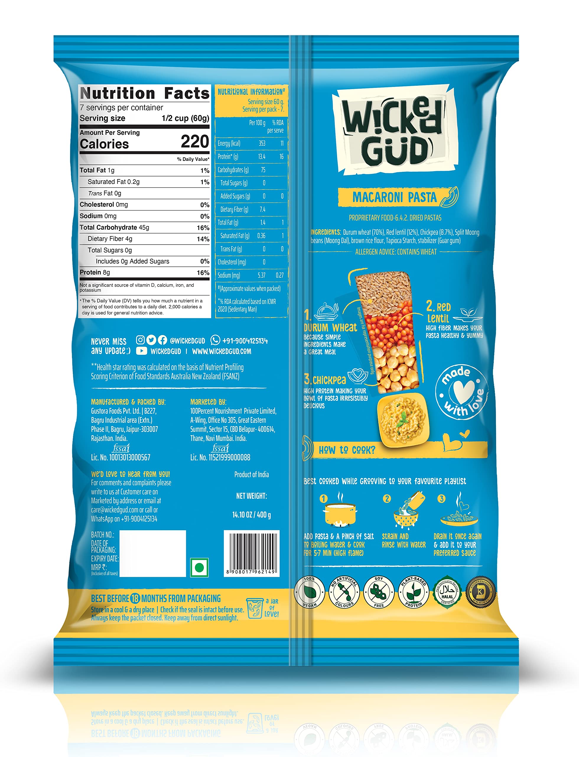 WickedGud 2X Fiber Macaroni Pasta - Healthy Durum Wheat Semolina, Brown Rice & Red Lentils Pasta (No Maida) - 400g | Perfect for Keto, Vegan & Gluten-Free Diets | Ideal for Pasta Salads, Casseroles & Healthy Family Meals
