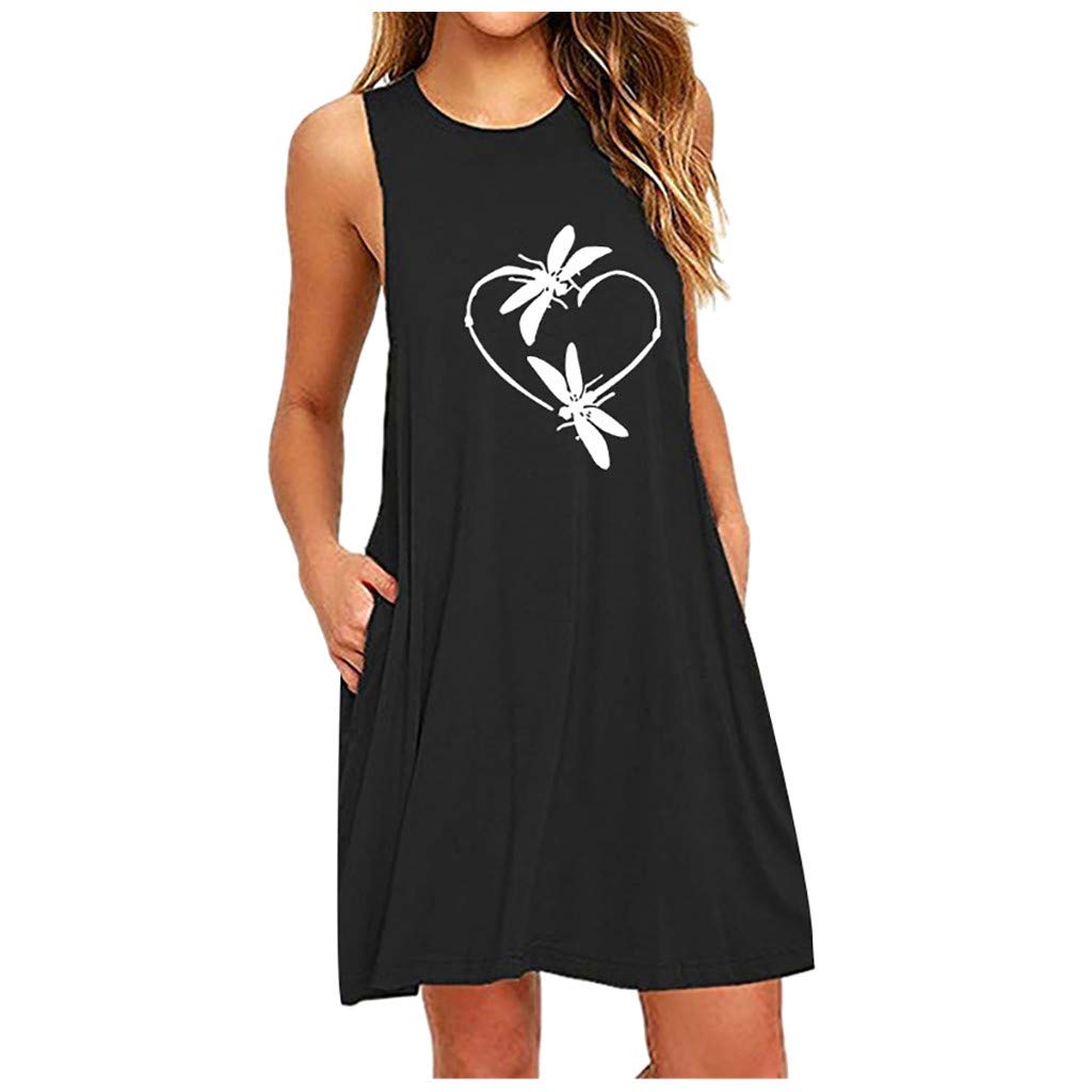 Women's Casual Sleeveless O-Neck Pocket Printed Summer Dress - Nightdress & Daywear for Women 2022 | Perfect for Beach Outings, Date Nights & Summer Vacations