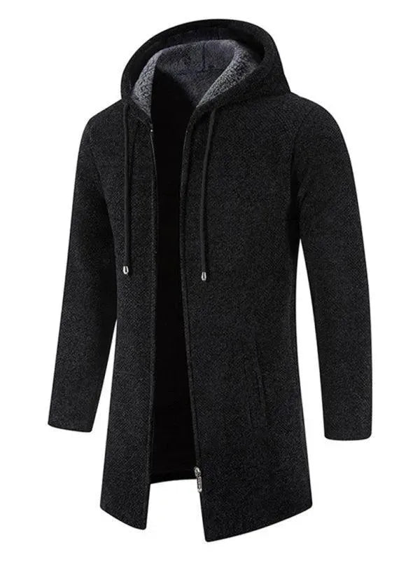 Men's Long Hooded Zipper Cardigan Sweater - Warm Fleece Lined Pullover for Casual Wear & Outdoor Activities