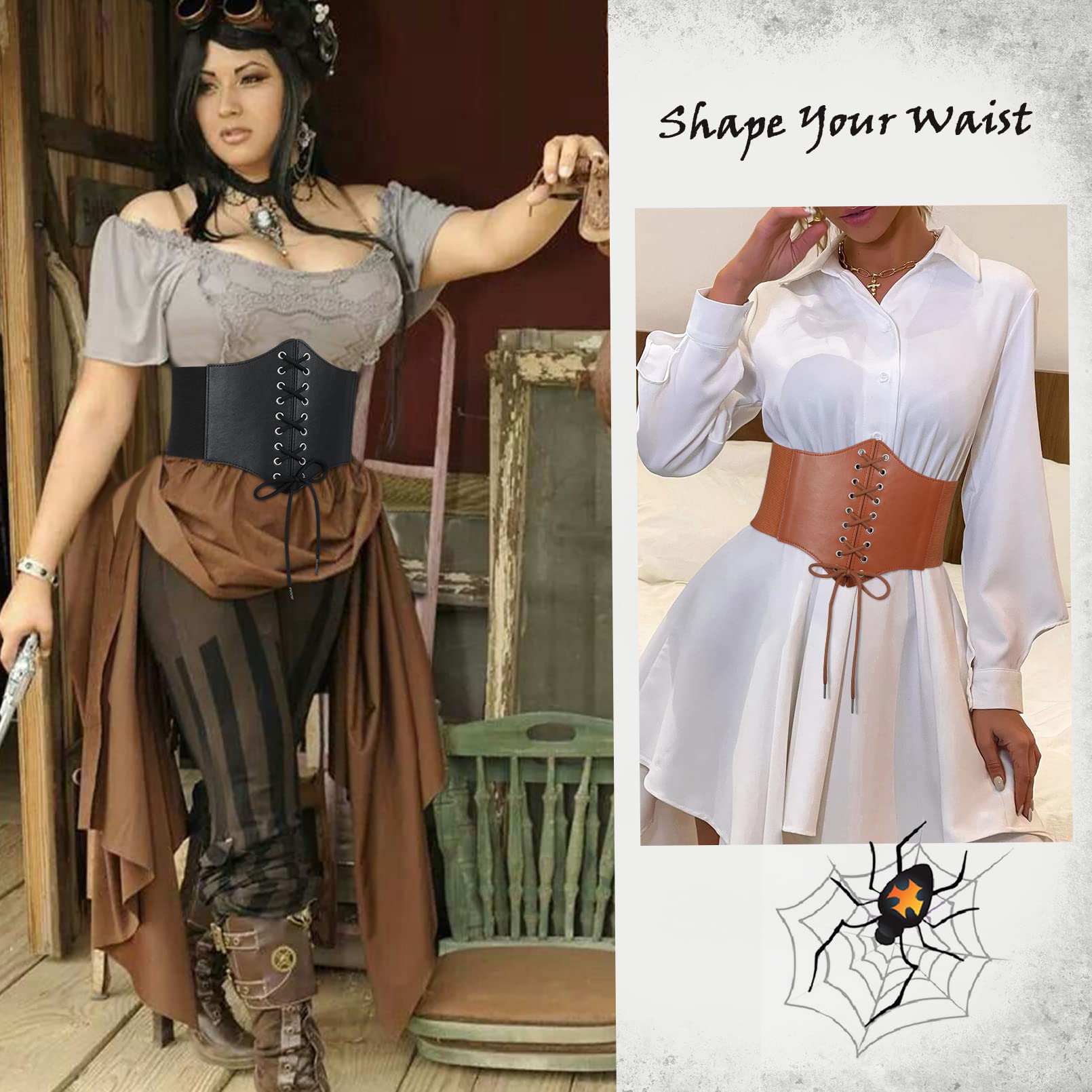 VONMELLI Women's Corset Belt - Lace Up Elastic Waist Cincher, Retro Wide Tied Waspie Belt for Halloween Costume, Burlesque, Steampunk & Gothic Fashion Outfits