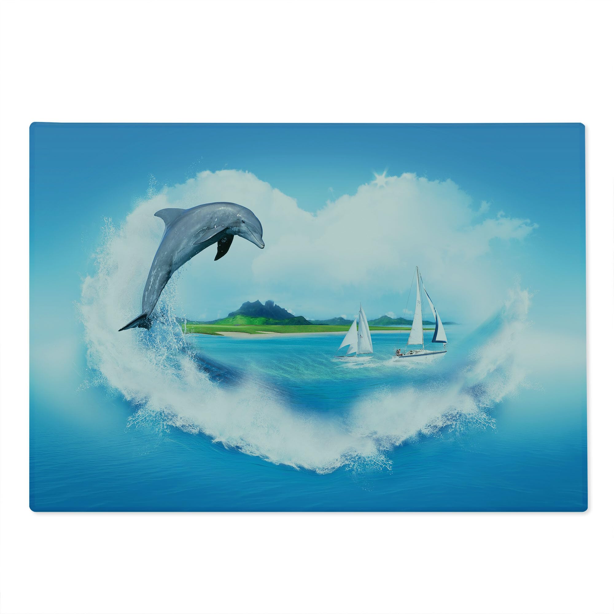Lunarable Sea Animals Themed Heart-Shaped Tempered Glass Cutting Board - Large Blue & White Decorative Serving Board with Ocean Waves, Sailboats & Mountain Meadows Print - Perfect for Kitchen Prep, Charcuterie Display & Party Serving