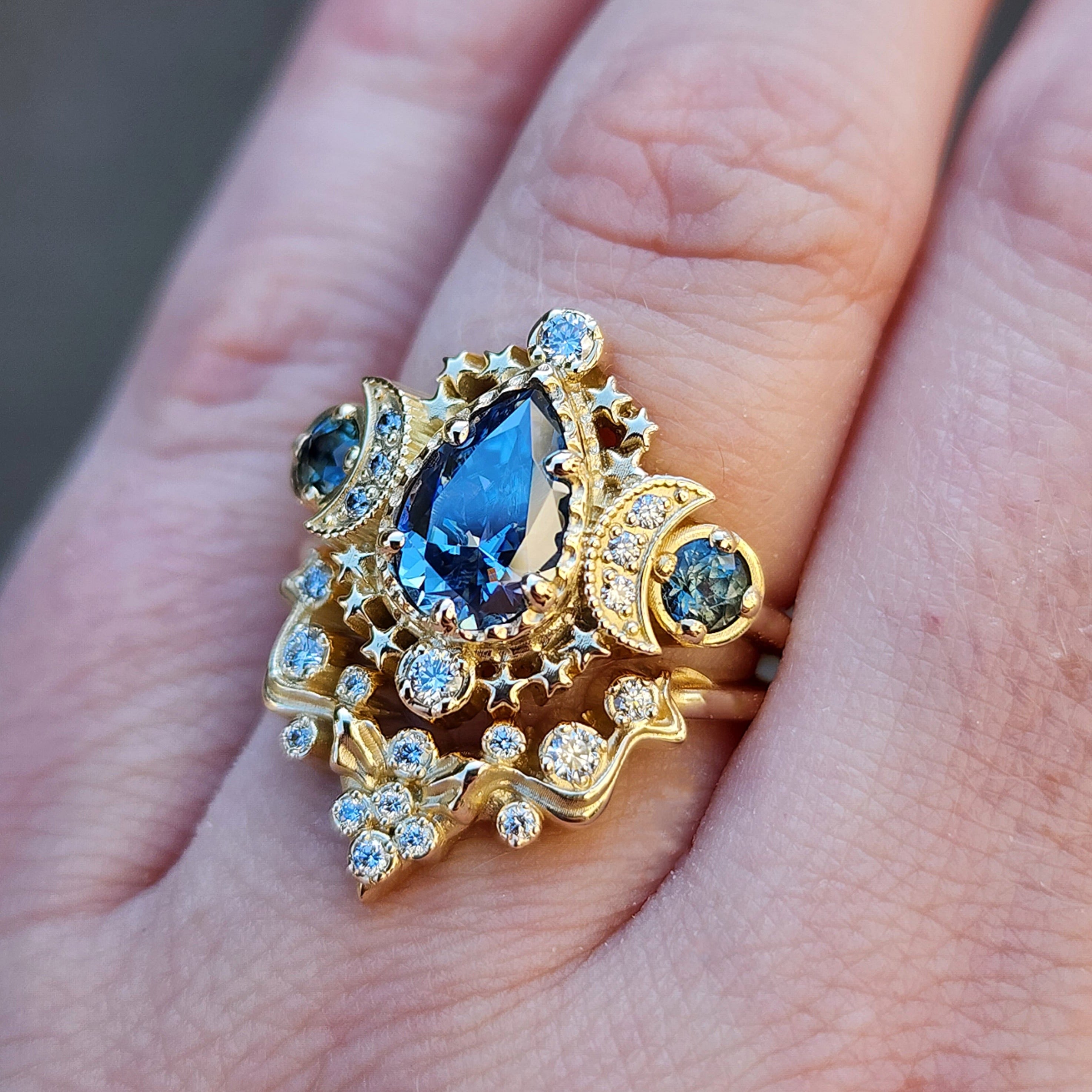 14K Gold Pear Cosmos Engagement Ring & Nagini Snake Wedding Band Set - Blue Moissanite & Bi-Color Sapphires with Diamonds - Handcrafted Jewelry for Proposals, Weddings & Anniversaries - SwankMetalsmithing