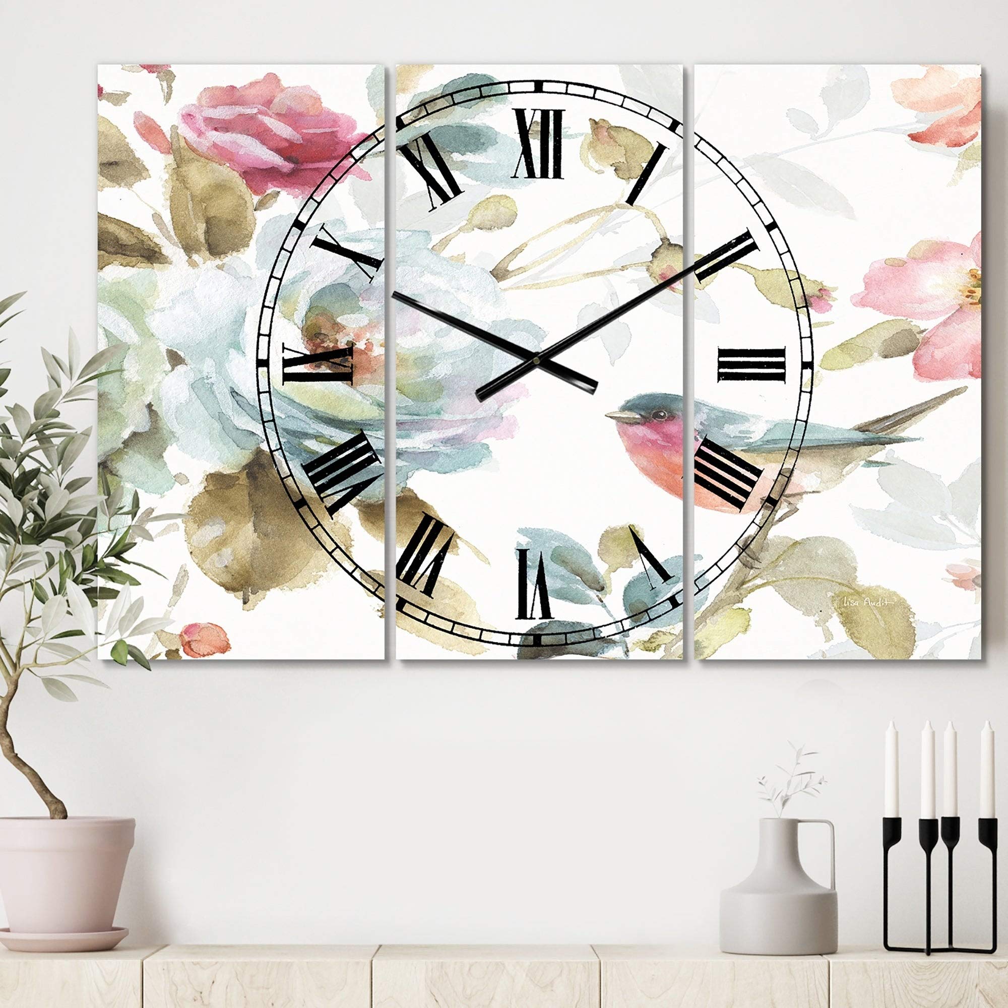 DesignArt 'Beautiful Bird Romance I' Cottage Style Oversized 3-Panel Wall Clock - 36