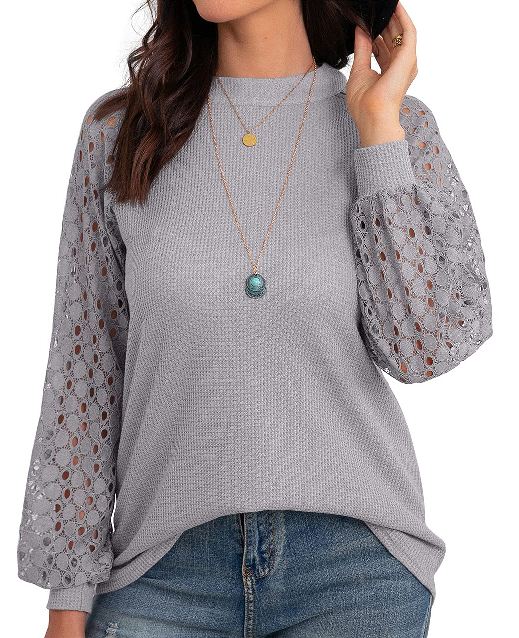 IWOLLENCE Women's Waffle Knit Blouse Puff Sleeve Lace Top - Casual Loose T-Shirt with Long/Short Sleeve Options for Spring & Fall Outfits | Perfect for Office, Date Night and Weekend Wear