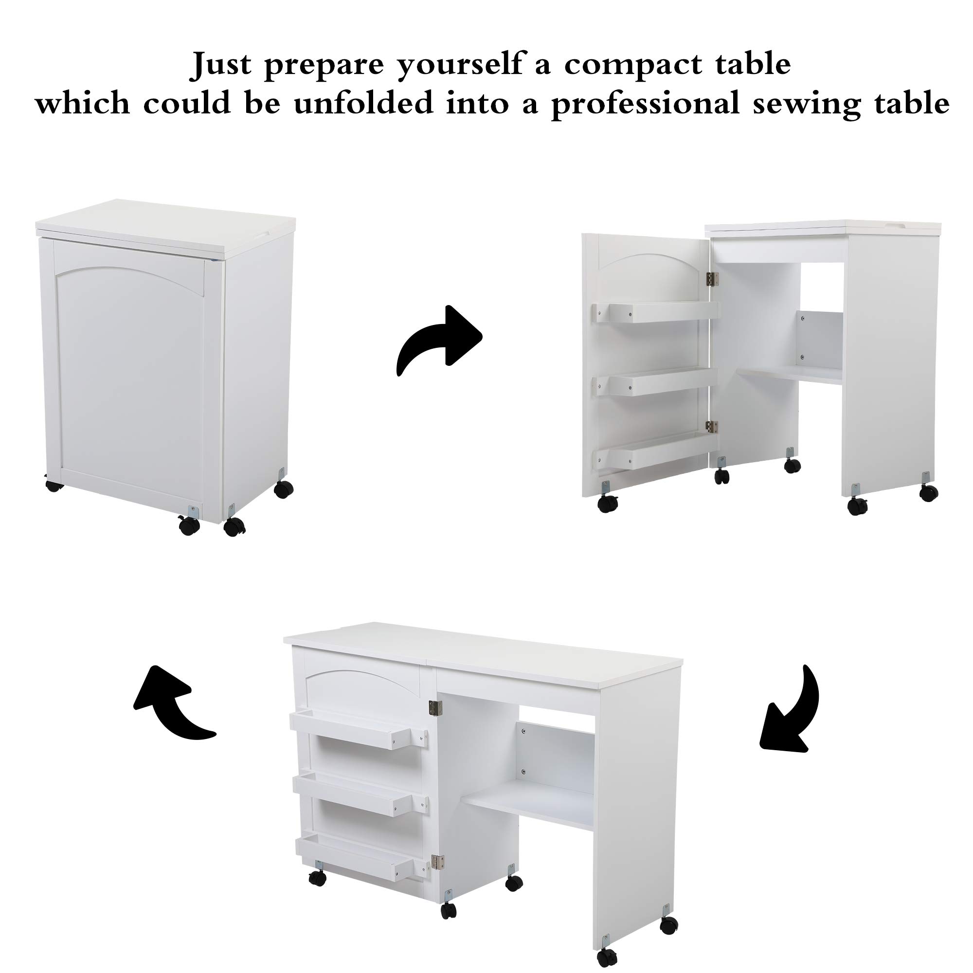 Compact Folding Sewing Craft Table with Storage Shelf & 3 Trays - White Sewing Machine Cabinet for Quilting, DIY Projects & Home Crafting Workspace