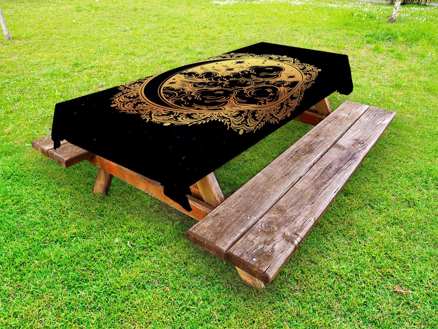 Ambesonne Bohemian Psychedelic Outdoor Tablecloth - Medieval Graphic Art with Crescent Moon, Stars & Clouds - Washable Picnic Table Cover 58