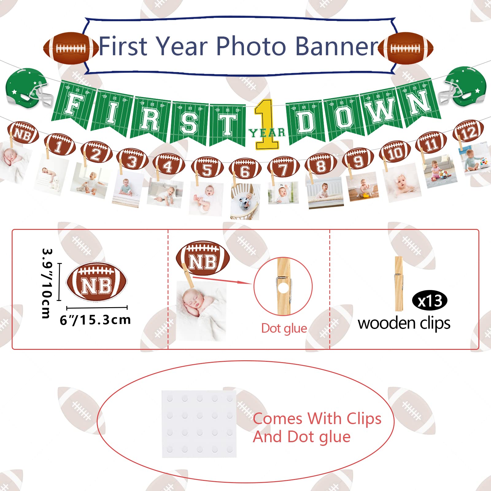Football 1st Birthday Party Decorations Set - First Down Banner, Monthly Photo Banner, Centerpiece, Cake Toppers & Balloons for Baby Boy's Sports Theme Celebration - Perfect for Football Themed Birthday Parties, Baby Showers & Special Milestone Events