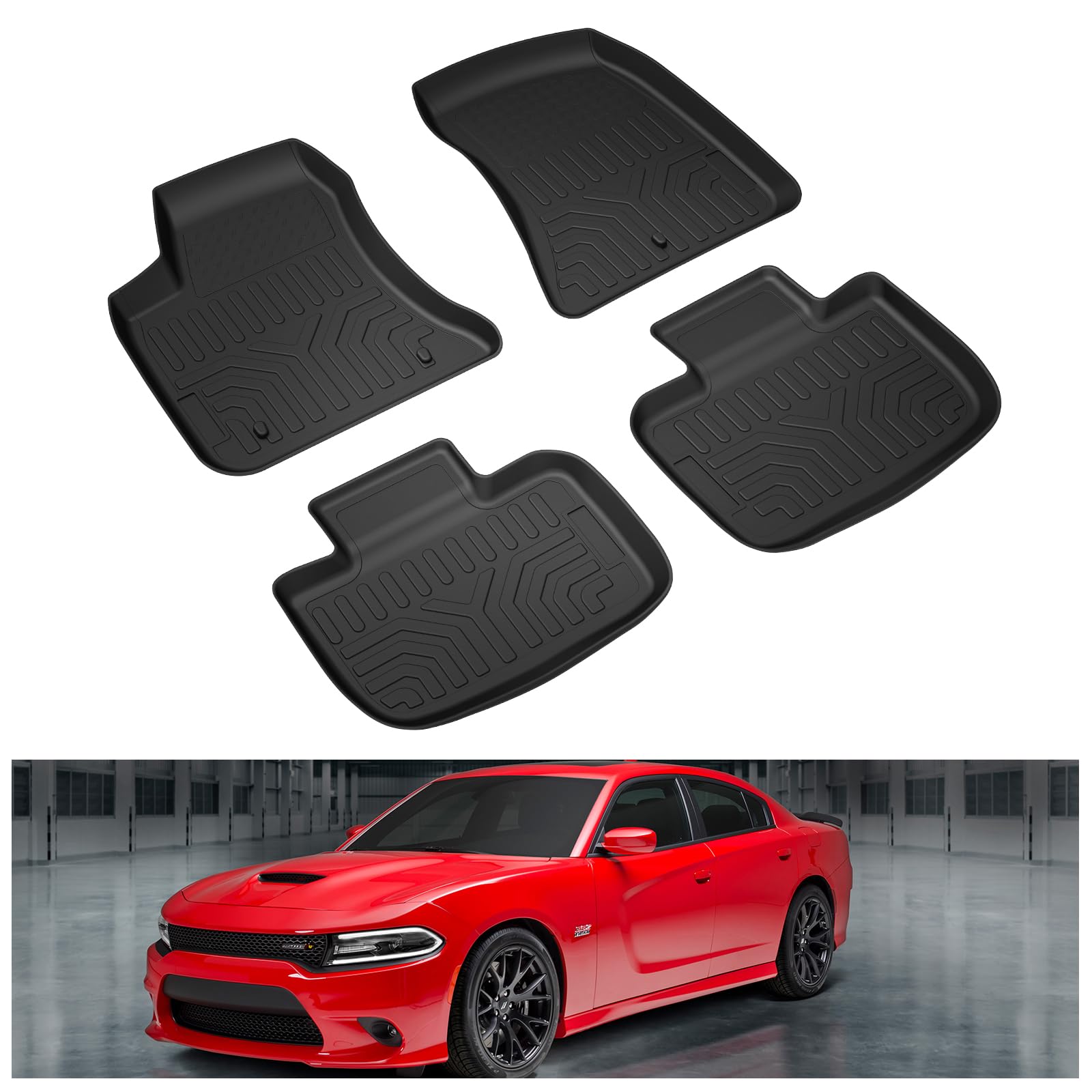 KIWI MASTER Custom Fit All-Weather Floor Mats for 2011-2023 Dodge Charger RWD & Chrysler 300 RWD - TPE Slush Liners Set (Front & Rear, 2 Rows, Black) - Perfect for Winter Snow, Mud, and Everyday Protection