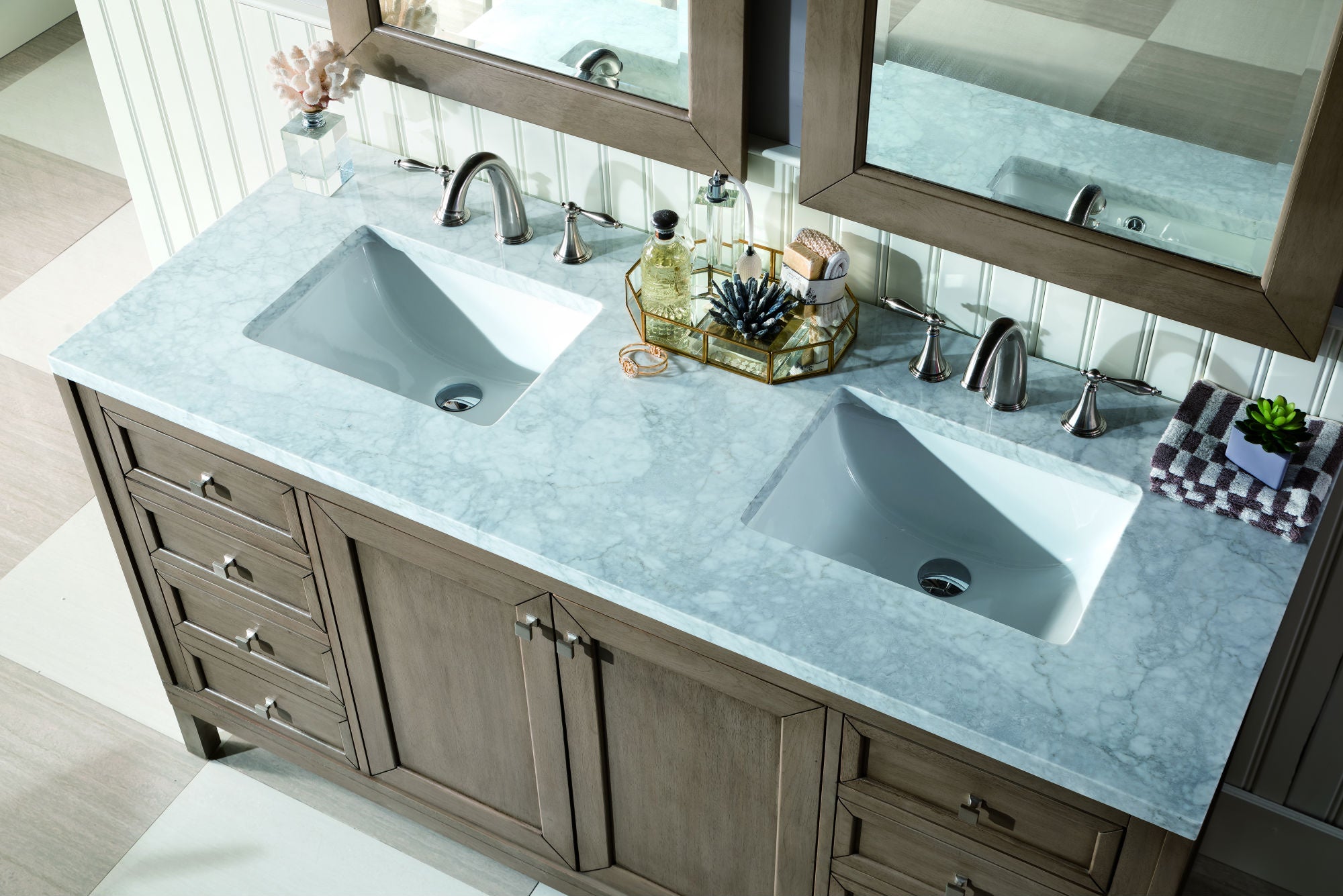 Chicago 60-Inch Double Bathroom Vanity - Whitewashed Walnut with 3CM Carrara Marble Top | Modern Farmhouse Bathroom Furniture for Master & Guest Bathrooms