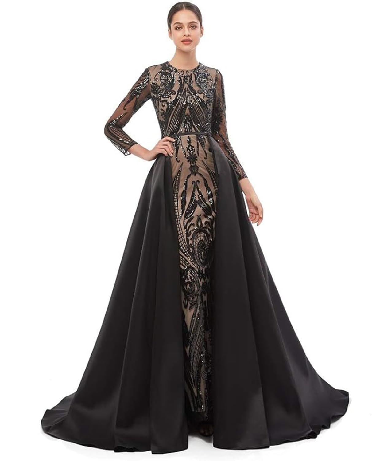 Elegant Long Sleeve Prom Dress with Glitter Sequin Detachable Skirt - Mermaid Pageant Gown for Evening Gala, Homecoming, Quinceañera & Formal Events
